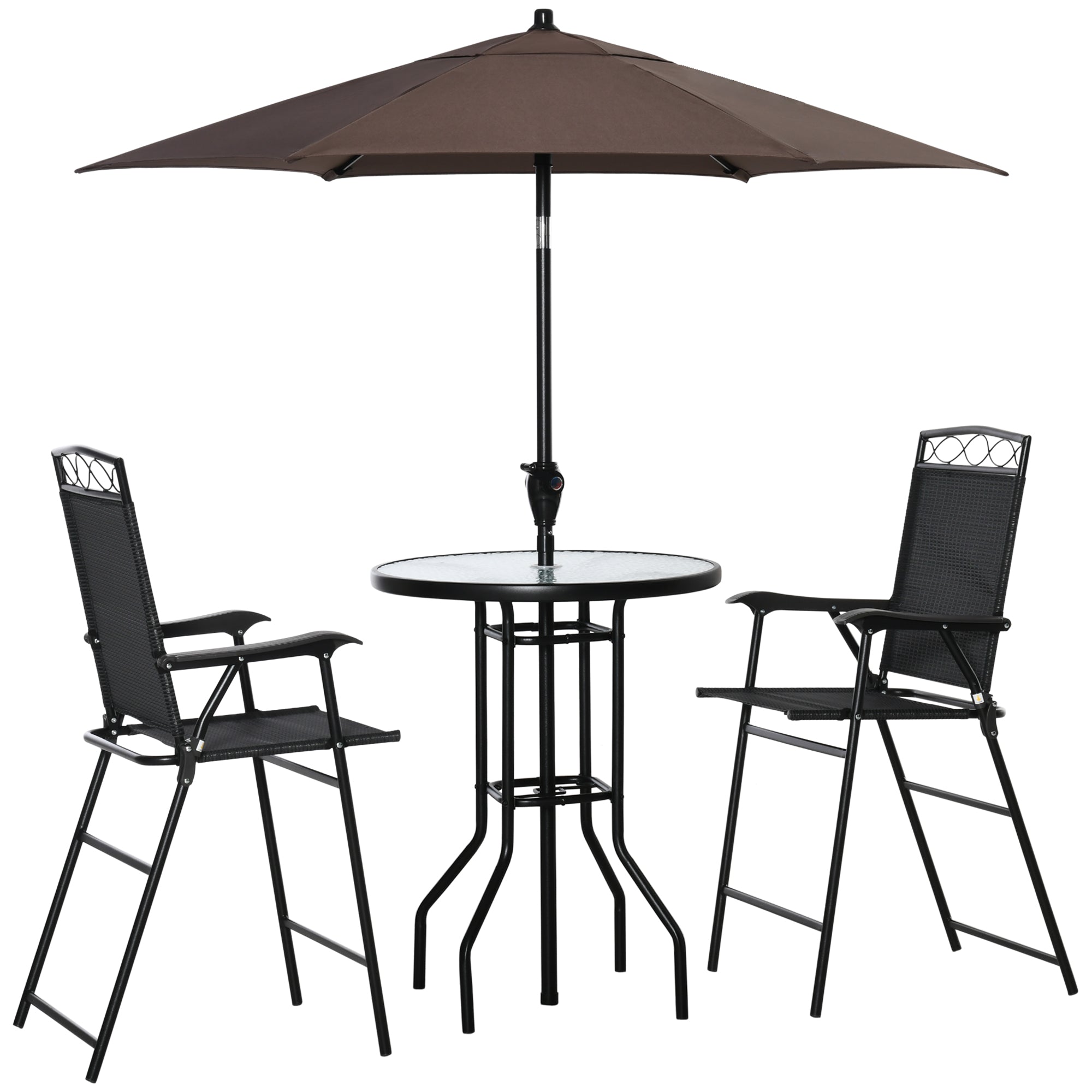 Outsunny 4 Piece Patio Bar Set, Sling Folding Outdoor Furniture with Brown Umbrella for Poolside, Backyard and Garden, Black