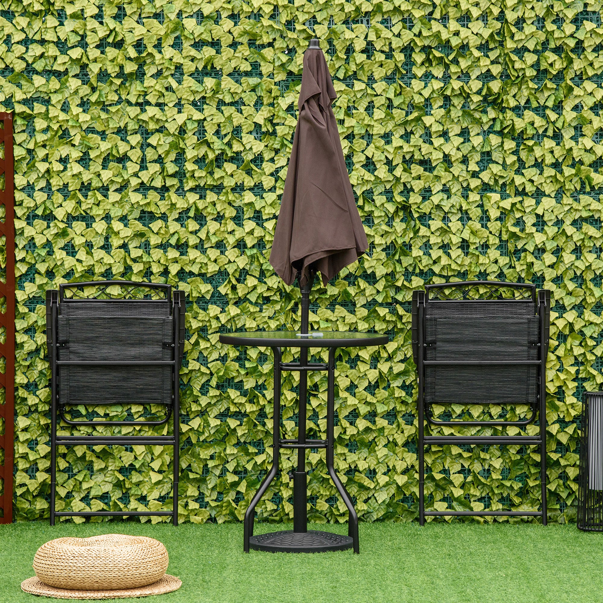 Outsunny 4 Piece Patio Bar Set, Sling Folding Outdoor Furniture with Brown Umbrella for Poolside, Backyard and Garden, Black