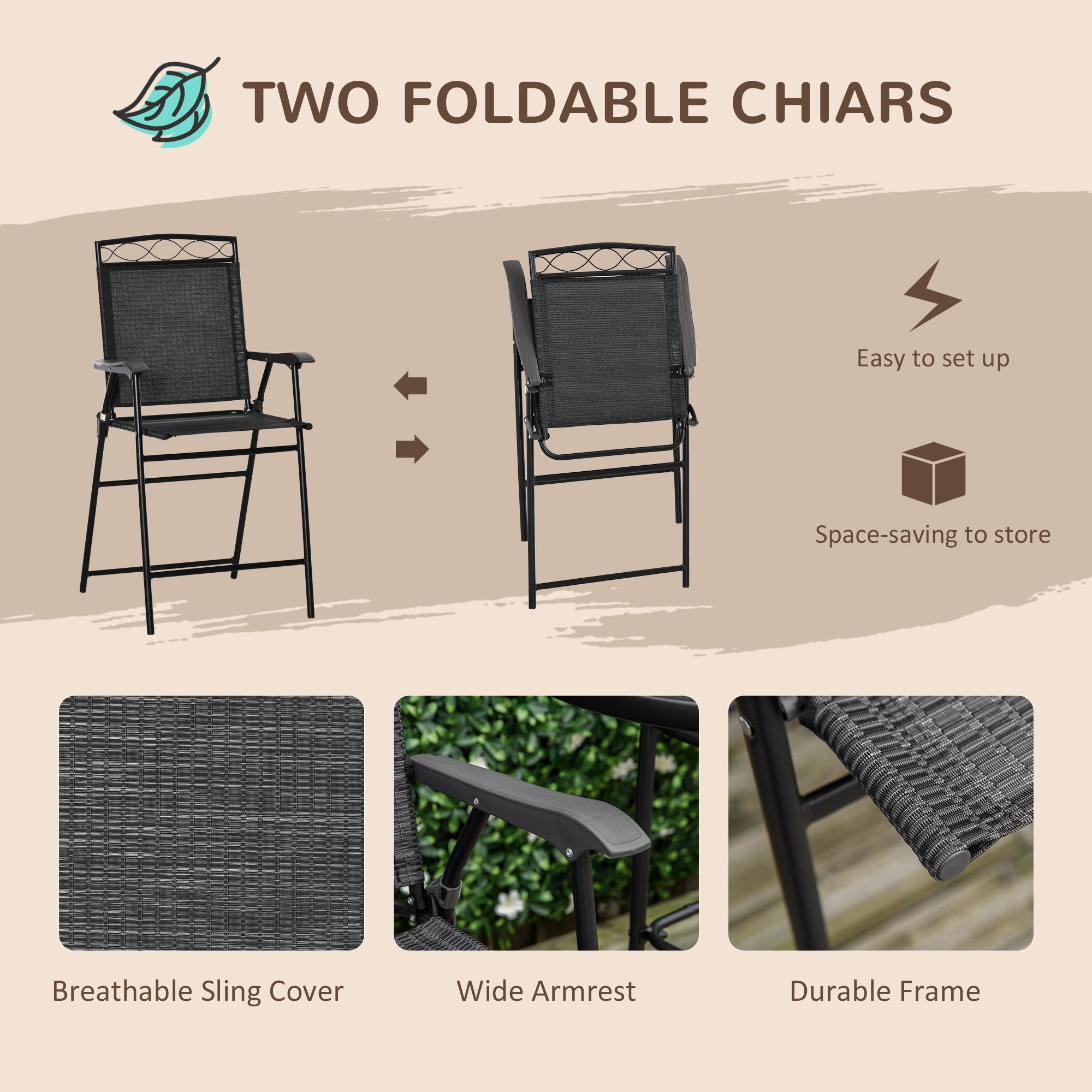 Outsunny 4 Piece Patio Bar Set, Sling Folding Outdoor Furniture with Brown Umbrella for Poolside, Backyard and Garden, Black