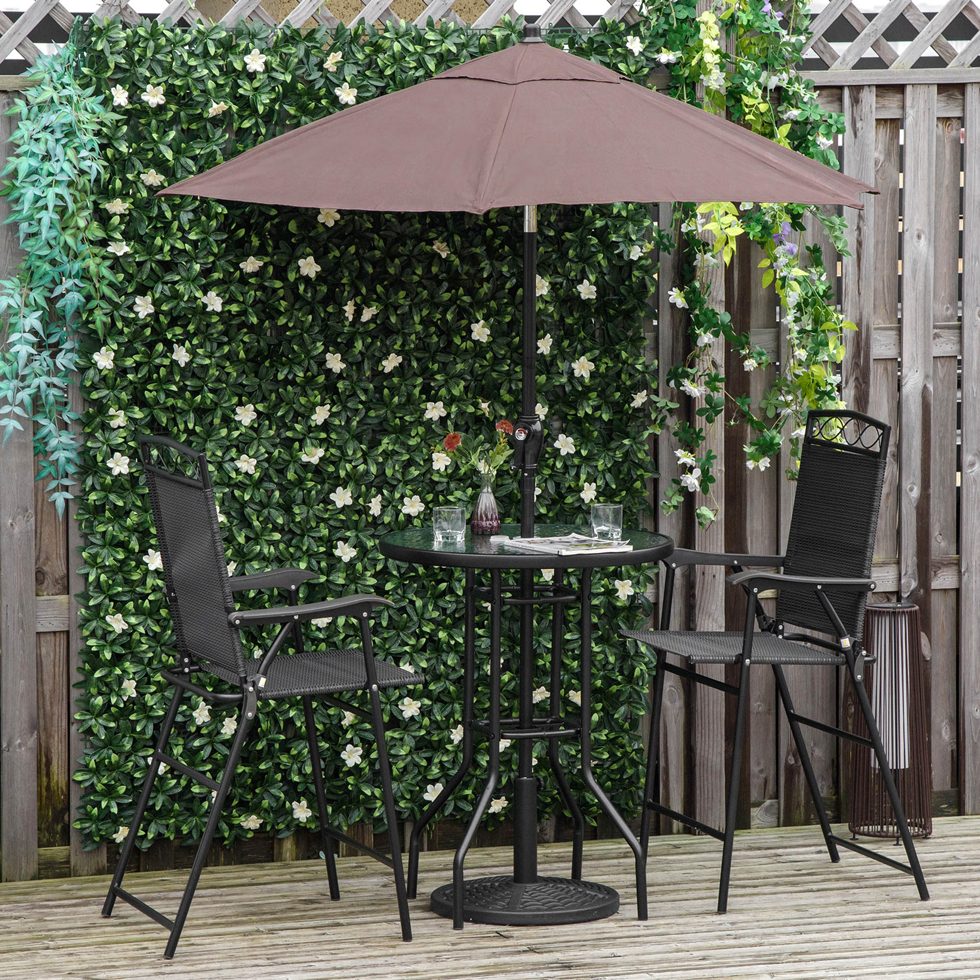 Outsunny 4 Piece Patio Bar Set, Sling Folding Outdoor Furniture with Brown Umbrella for Poolside, Backyard and Garden, Black