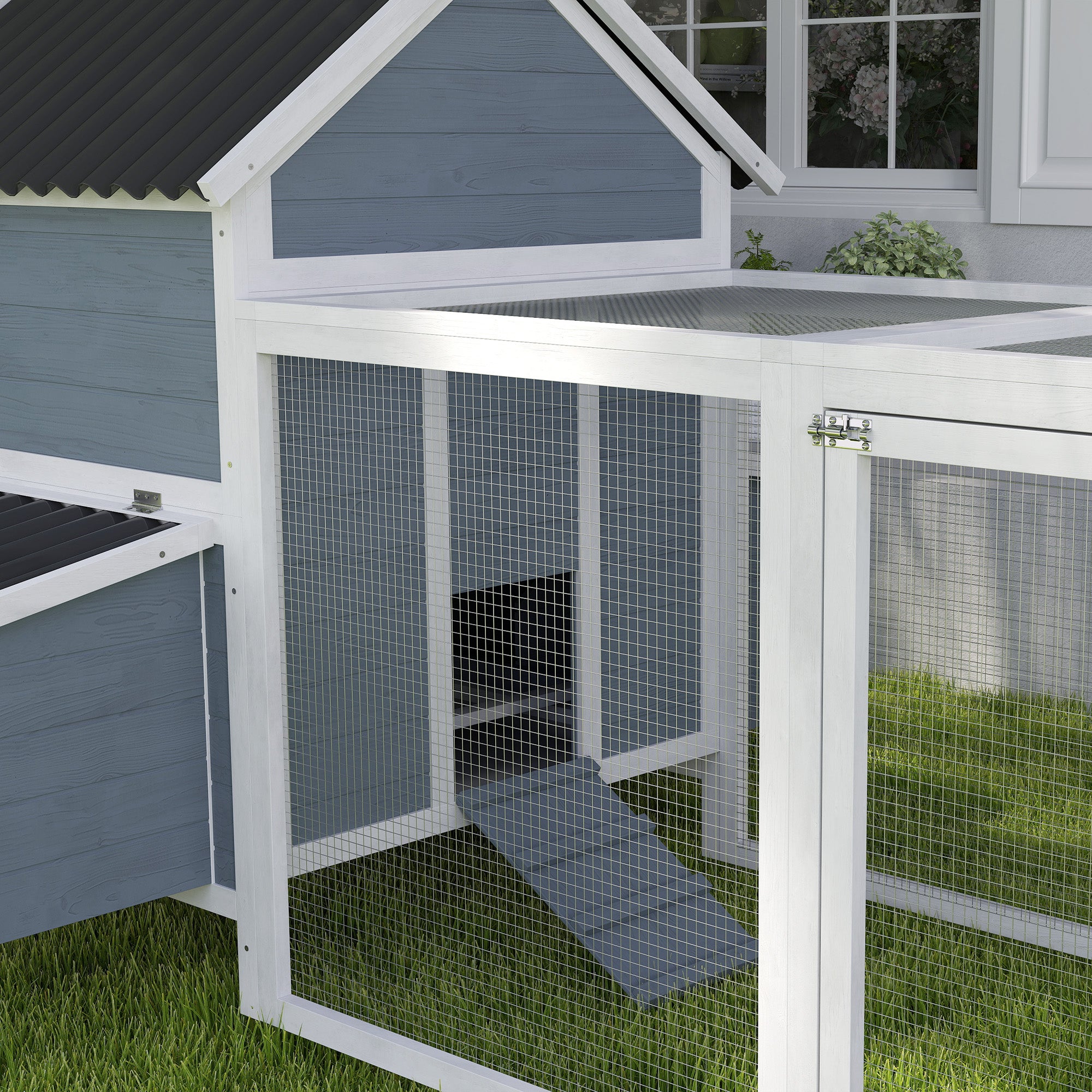 PawHut Extra Large Chicken Coop with 2 Nesting Box, 156" Wooden Hen House Poultry Cage with Extra Long Run Cage, Waterproof Wave Roof, Perches, Swings, for 10-15 Chickens, Rabbits, Ducks, Light Gray