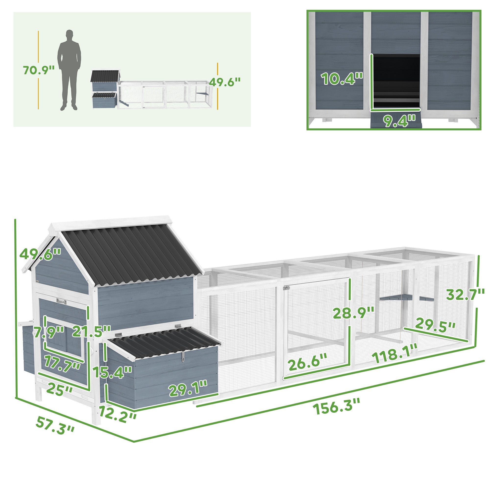 PawHut Extra Large Chicken Coop with 2 Nesting Box, 156" Wooden Hen House Poultry Cage with Extra Long Run Cage, Waterproof Wave Roof, Perches, Swings, for 10-15 Chickens, Rabbits, Ducks, Light Gray