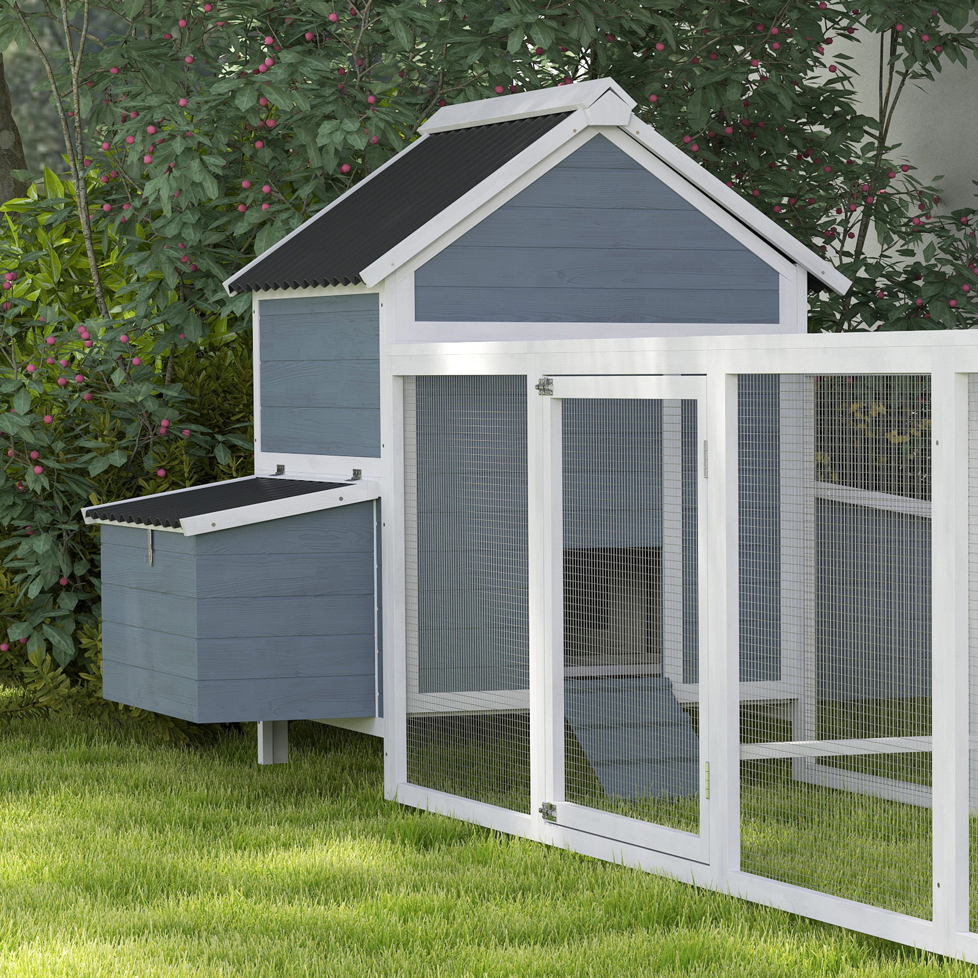PawHut Extra Large Chicken Coop with 2 Nesting Box, 156" Wooden Hen House Poultry Cage with Extra Long Run Cage, Waterproof Wave Roof, Perches, Swings, for 10-15 Chickens, Rabbits, Ducks, Light Gray