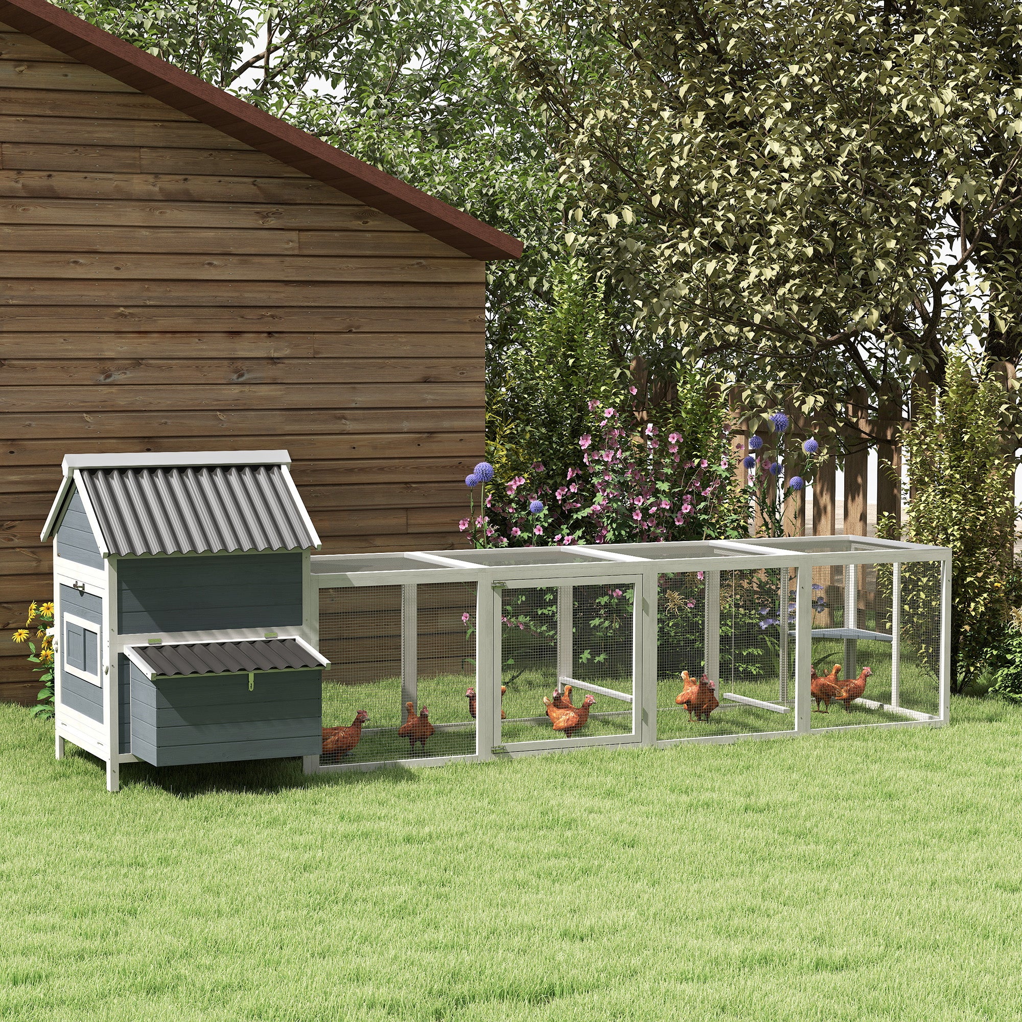 PawHut Extra Large Chicken Coop with 2 Nesting Box, 156" Wooden Hen House Poultry Cage with Extra Long Run Cage, Waterproof Wave Roof, Perches, Swings, for 10-15 Chickens, Rabbits, Ducks, Light Gray