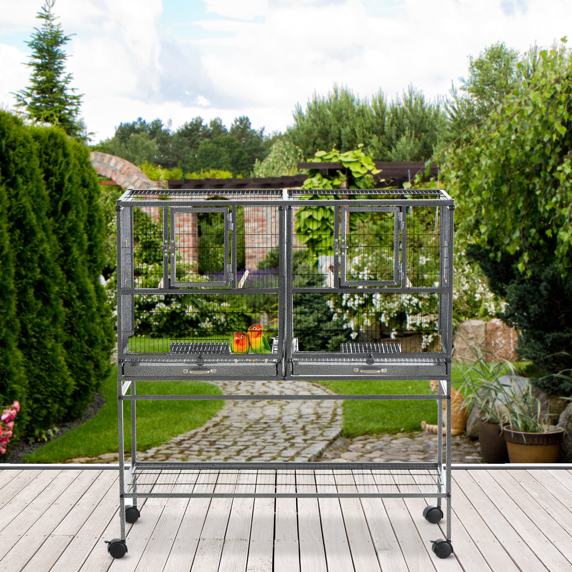 PawHut Large Bird Cage Parrot Cage with Divider, Slide Tray for Finch Canaries Parakeets Cockatiels, 95 x 45.5 x 102 cm