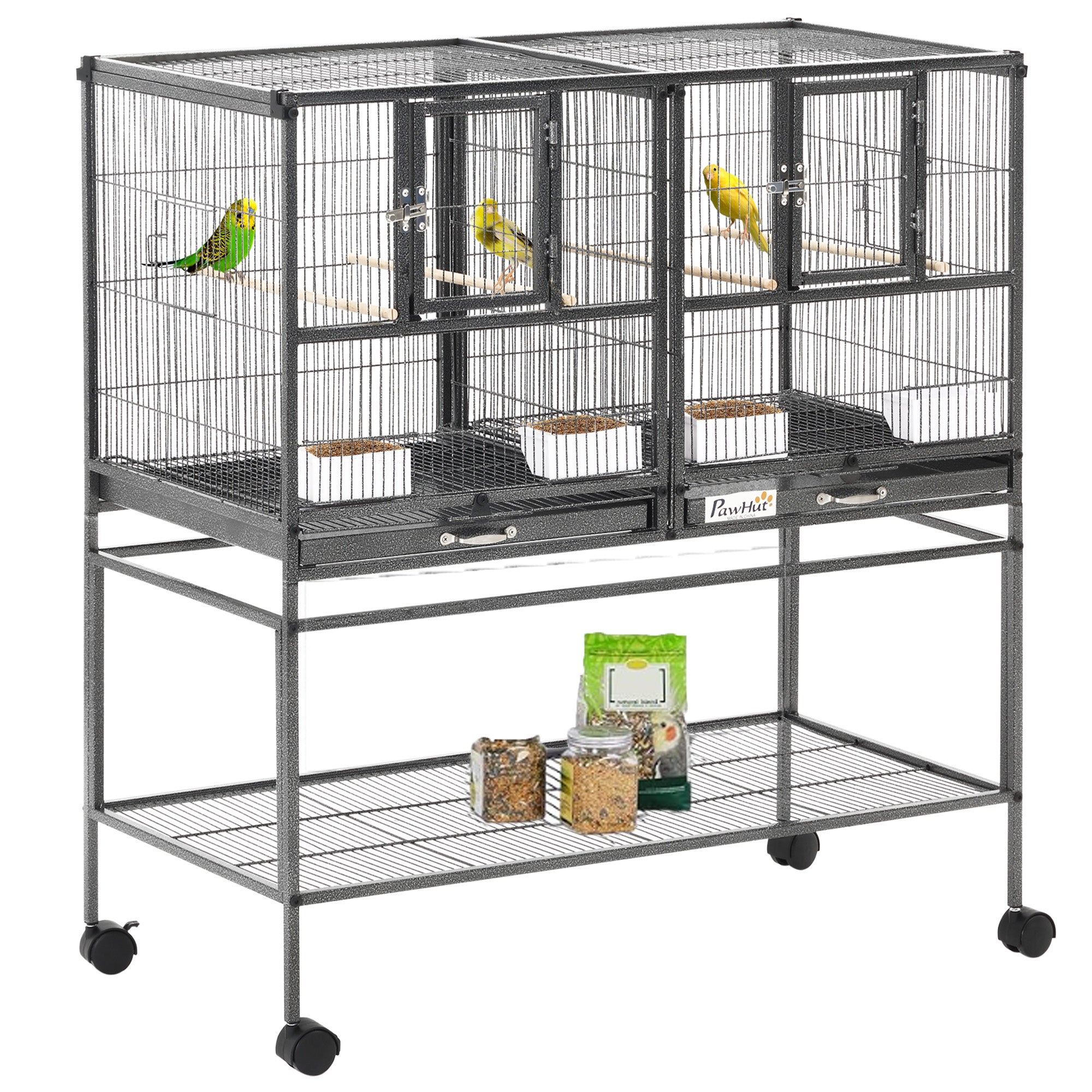 PawHut 40"H Divided Breeder Bird Cage with Rolling Stand Removable Metal Tray, Storage Shelf, Wood Perch, and Food Container, Dark Grey
