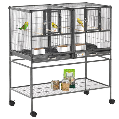 PawHut 40"H Divided Breeder Bird Cage with Rolling Stand Removable Metal Tray, Storage Shelf, Wood Perch, and Food Container, Dark Grey