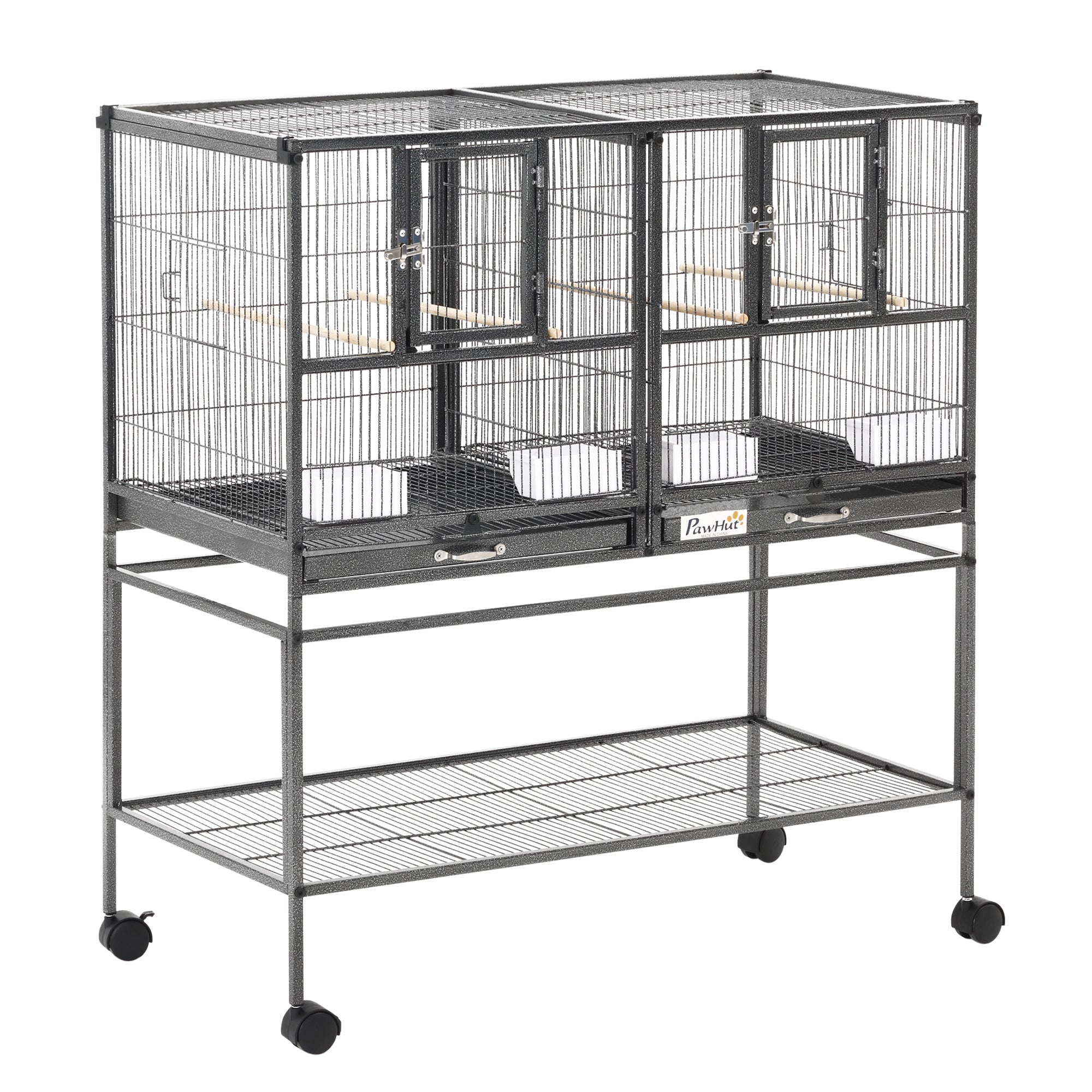 PawHut 40"H Divided Breeder Bird Cage with Rolling Stand Removable Metal Tray, Storage Shelf, Wood Perch, and Food Container, Dark Grey