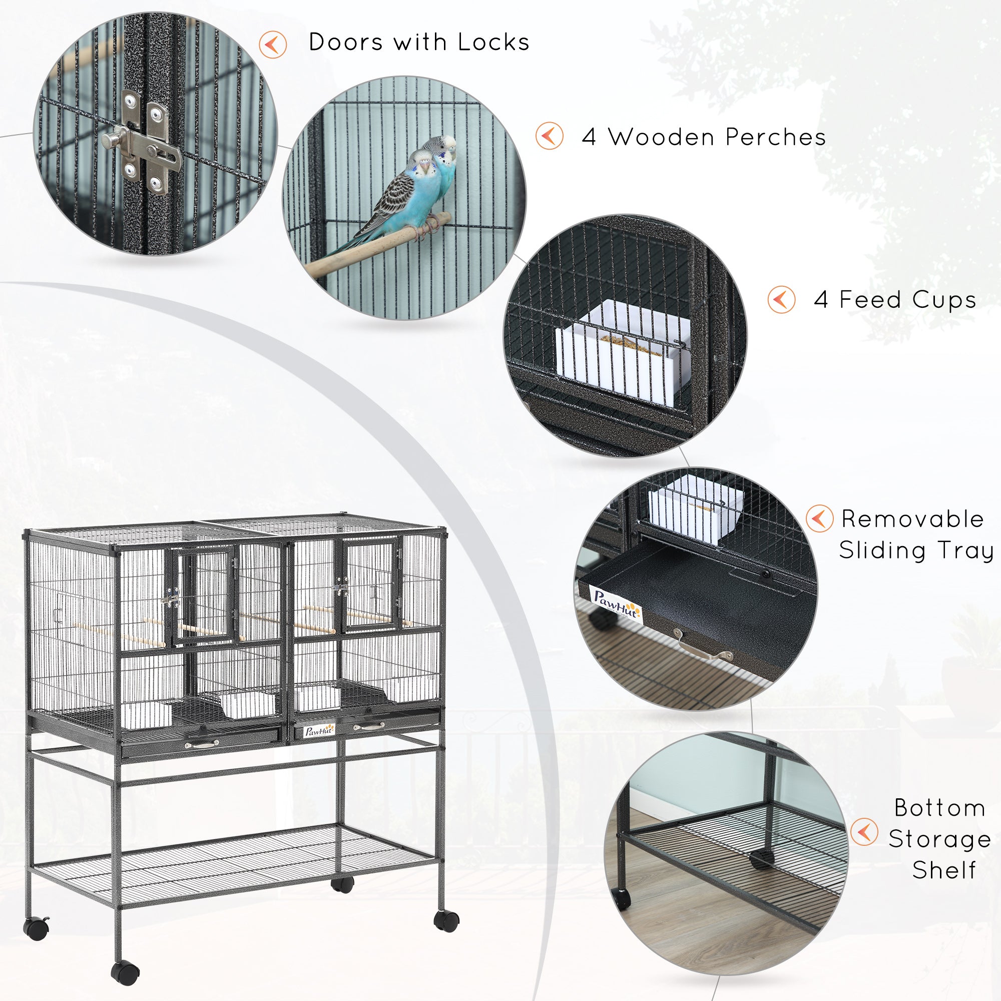 PawHut 40"H Divided Breeder Bird Cage with Rolling Stand Removable Metal Tray, Storage Shelf, Wood Perch, and Food Container, Dark Grey