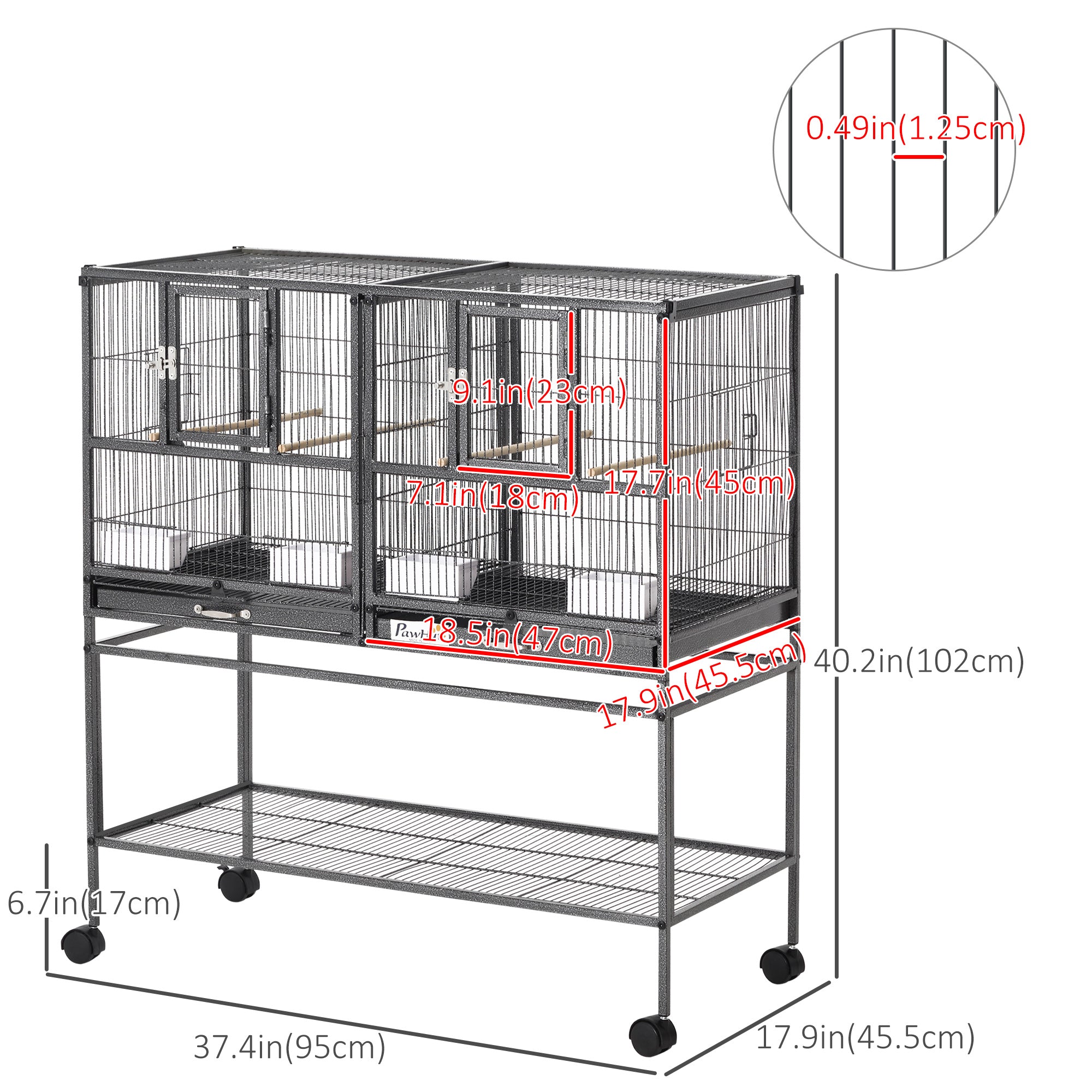 PawHut 40"H Divided Breeder Bird Cage with Rolling Stand Removable Metal Tray, Storage Shelf, Wood Perch, and Food Container, Dark Grey