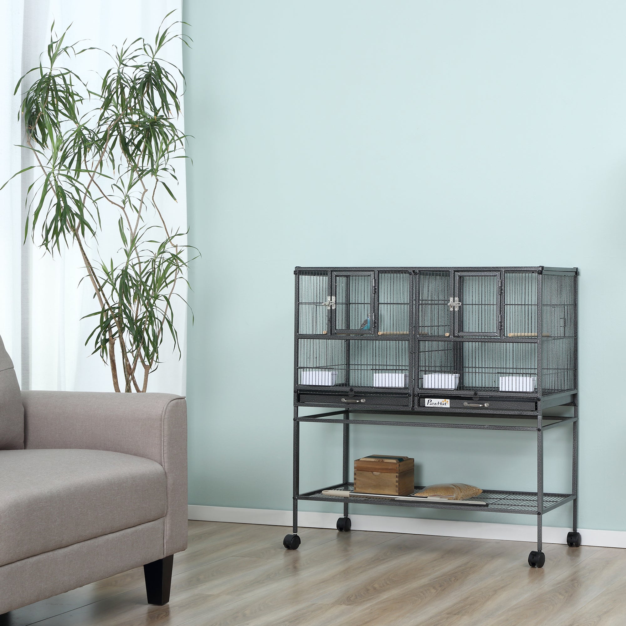 PawHut 40"H Divided Breeder Bird Cage with Rolling Stand Removable Metal Tray, Storage Shelf, Wood Perch, and Food Container, Dark Grey