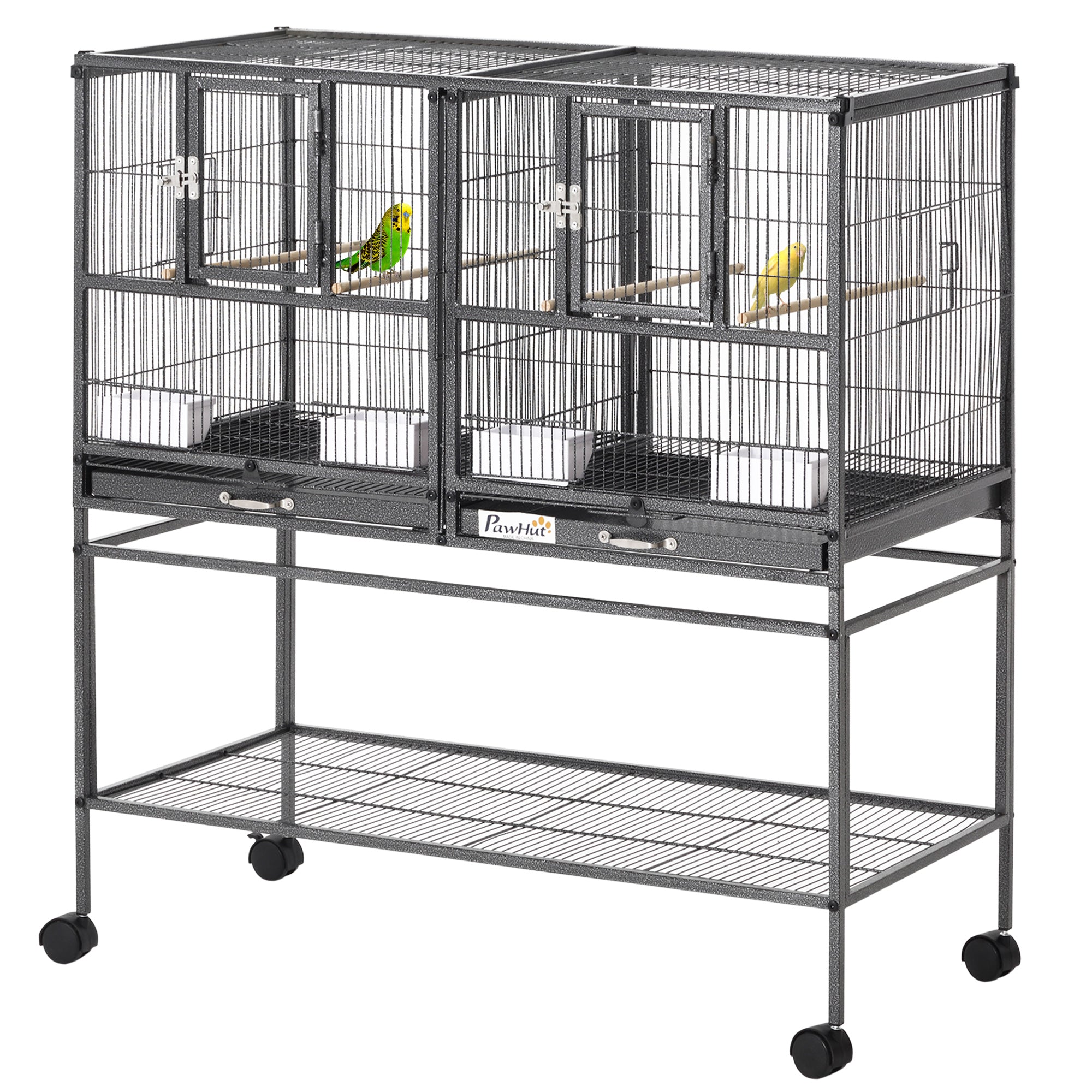 PawHut 40"H Divided Breeder Bird Cage with Rolling Stand Removable Metal Tray, Storage Shelf, Wood Perch, and Food Container, Dark Grey