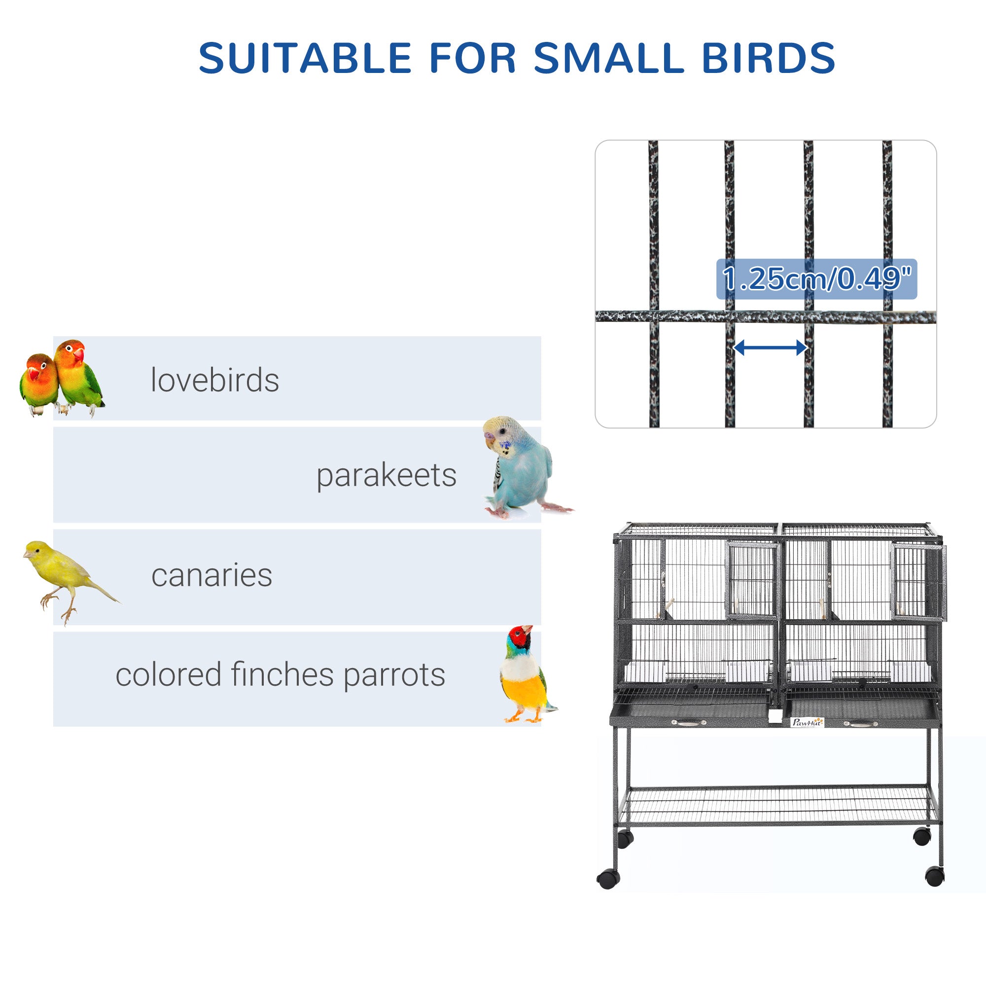PawHut 40"H Divided Breeder Bird Cage with Rolling Stand Removable Metal Tray, Storage Shelf, Wood Perch, and Food Container, Dark Grey