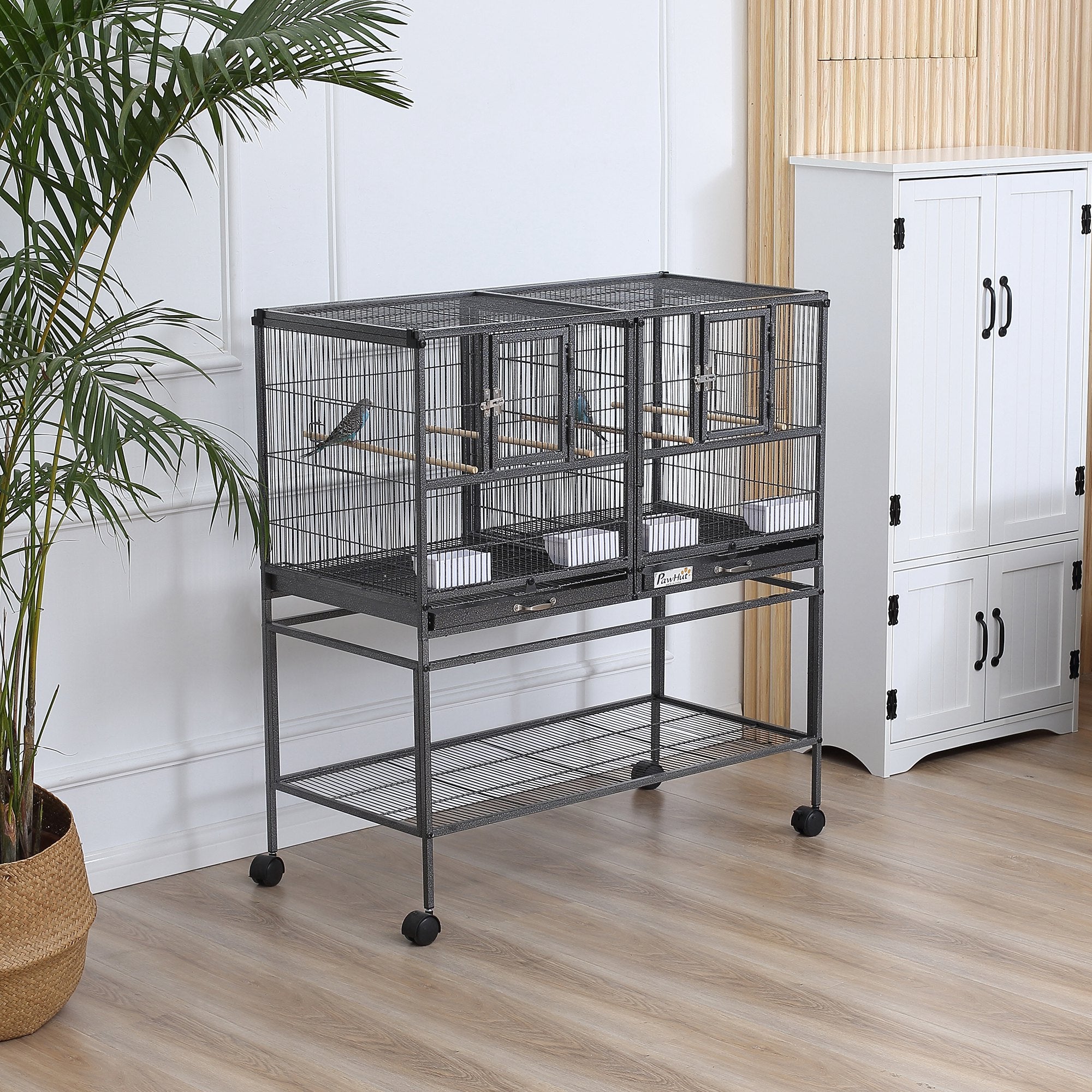 PawHut 40"H Divided Breeder Bird Cage with Rolling Stand Removable Metal Tray, Storage Shelf, Wood Perch, and Food Container, Dark Grey