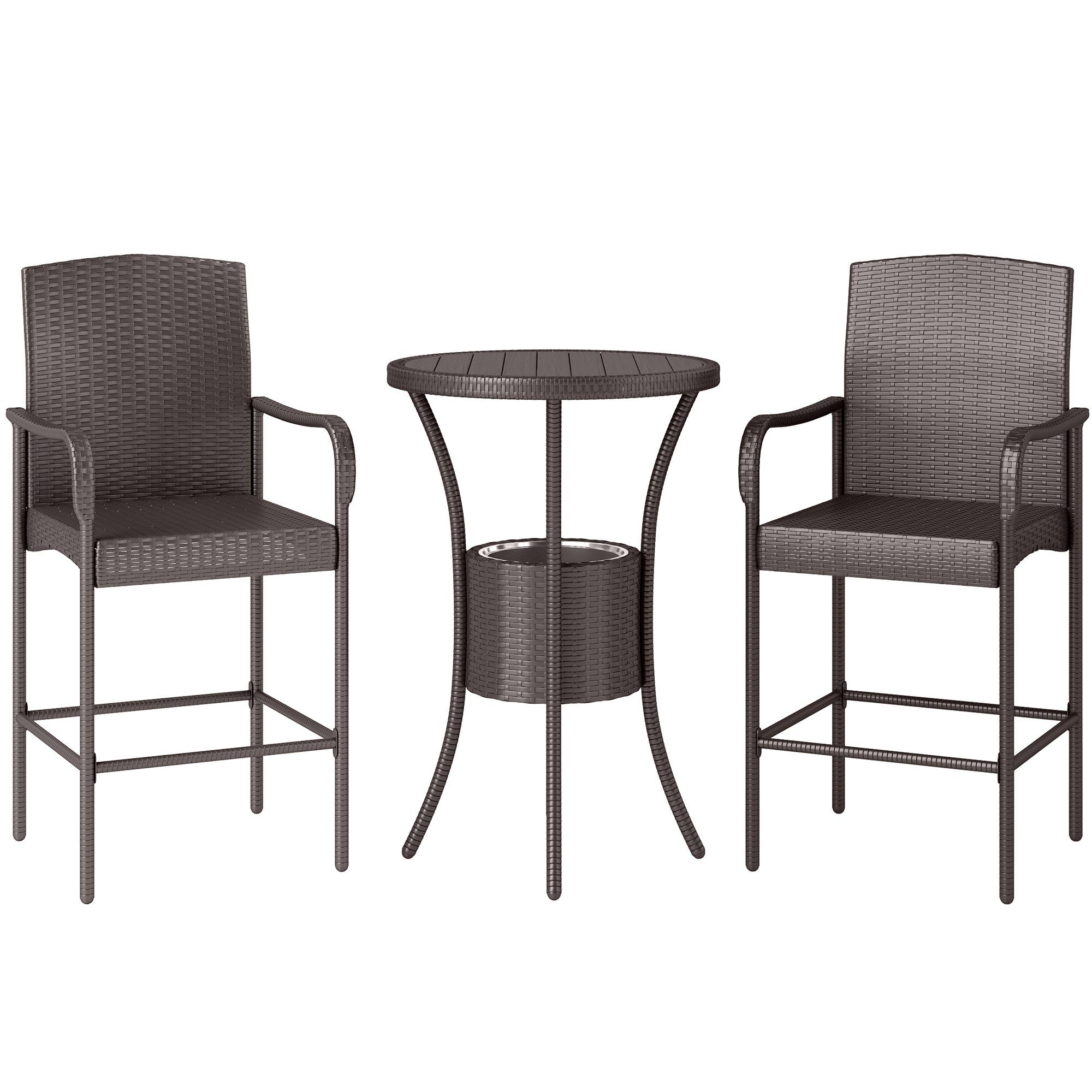 Outsunny 3 Pieces Patio Bar Set Rattan Bistro Table and High Chairs Garden Wicker Outdoor Conversation Furniture Set with Ice Bucket, Dark Brown