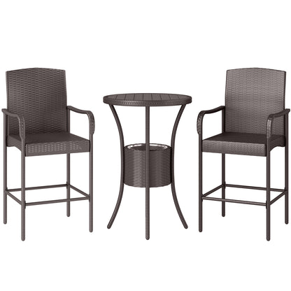 Outsunny 3 Pieces Patio Bar Set Rattan Bistro Table and High Chairs Garden Wicker Outdoor Conversation Furniture Set with Ice Bucket, Dark Brown