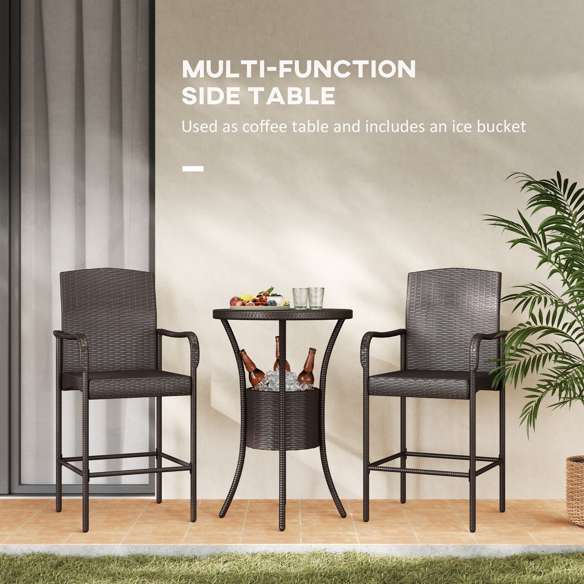 Outsunny 3 Pieces Patio Bar Set Rattan Bistro Table and High Chairs Garden Wicker Outdoor Conversation Furniture Set with Ice Bucket, Dark Brown