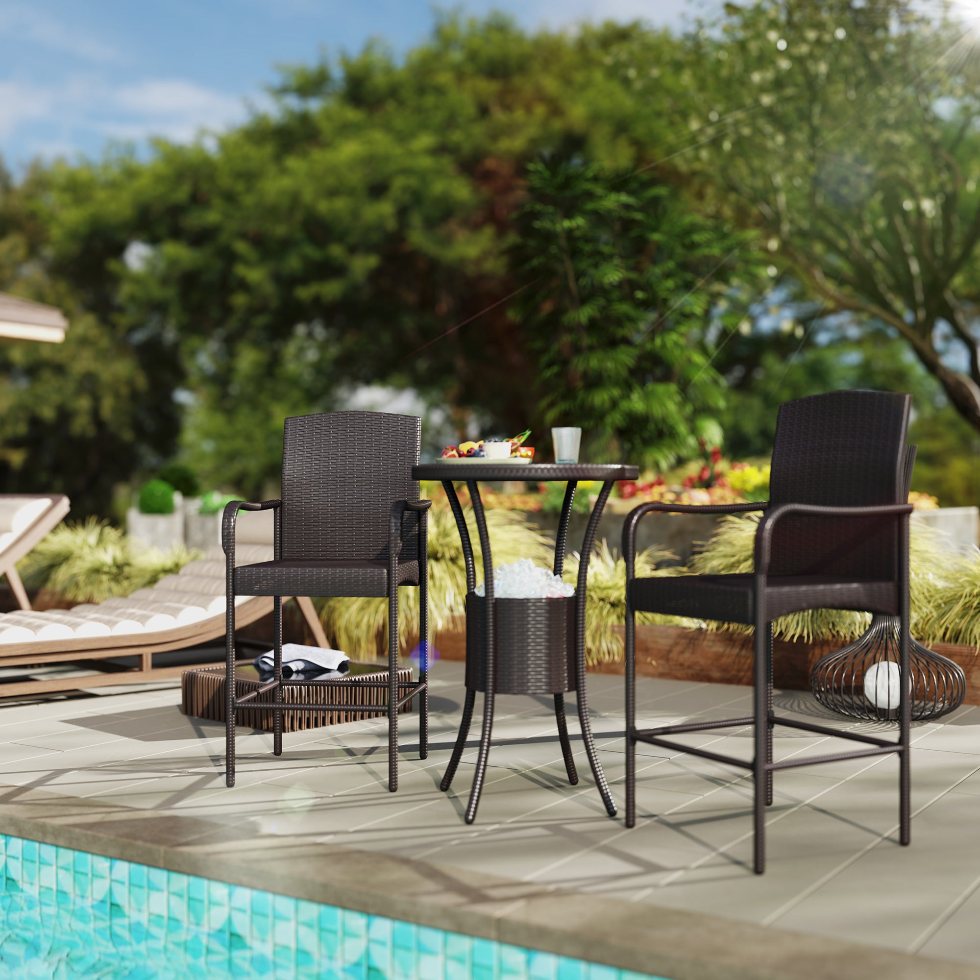 Outsunny 3 Pieces Patio Bar Set Rattan Bistro Table and High Chairs Garden Wicker Outdoor Conversation Furniture Set with Ice Bucket, Dark Brown