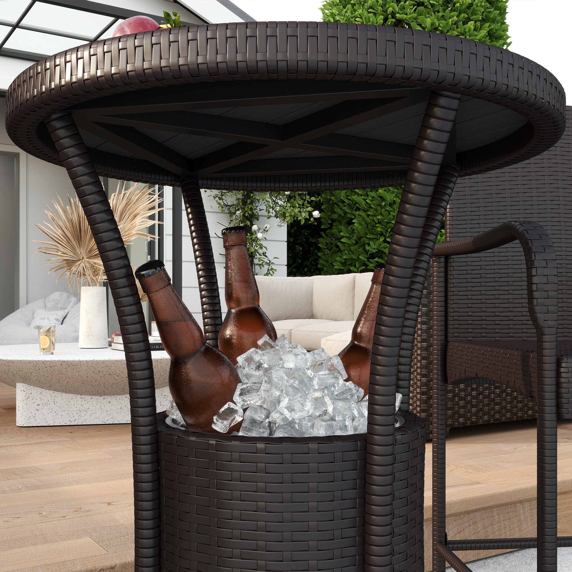 Outsunny 3 Pieces Patio Bar Set Rattan Bistro Table and High Chairs Garden Wicker Outdoor Conversation Furniture Set with Ice Bucket, Dark Brown