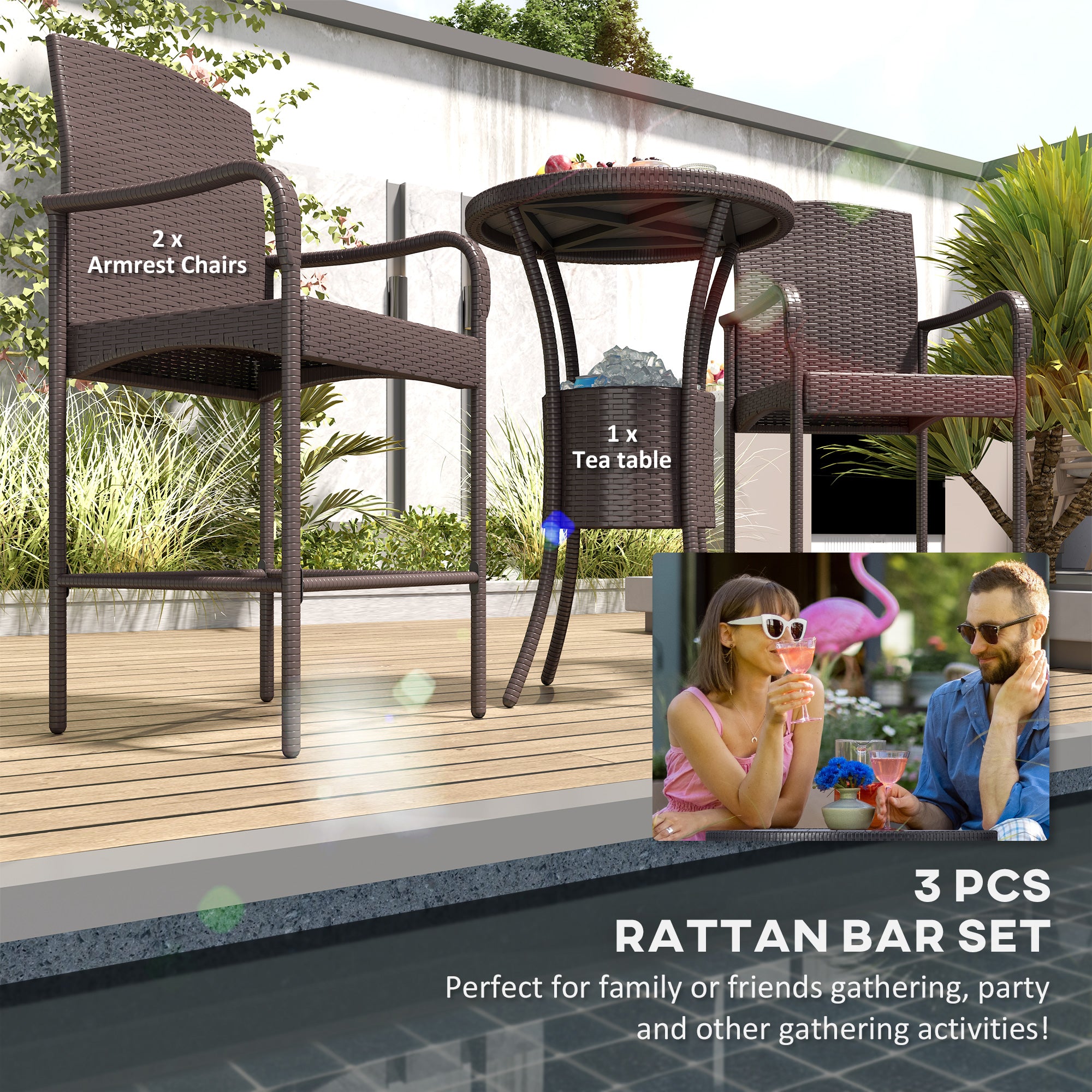 Outsunny 3 Pieces Patio Bar Set Rattan Bistro Table and High Chairs Garden Wicker Outdoor Conversation Furniture Set with Ice Bucket, Dark Brown