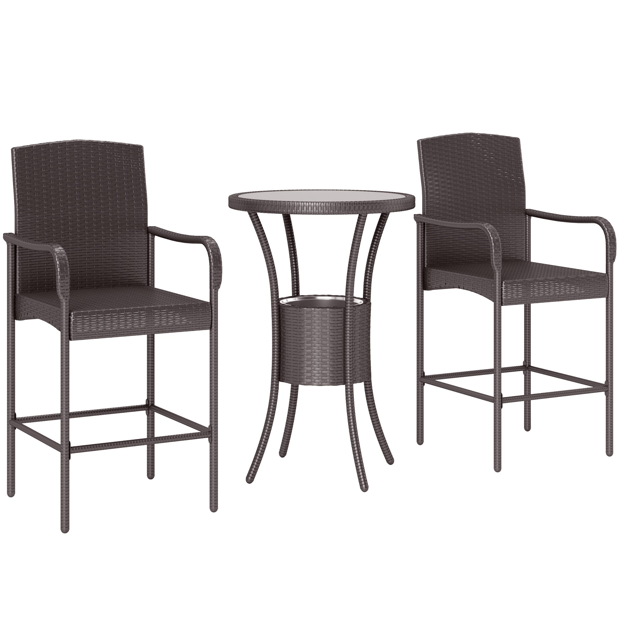 Outsunny 3 Pieces Patio Bar Set Rattan Bistro Table and High Chairs Garden Wicker Outdoor Conversation Furniture Set with Ice Bucket, Dark Brown