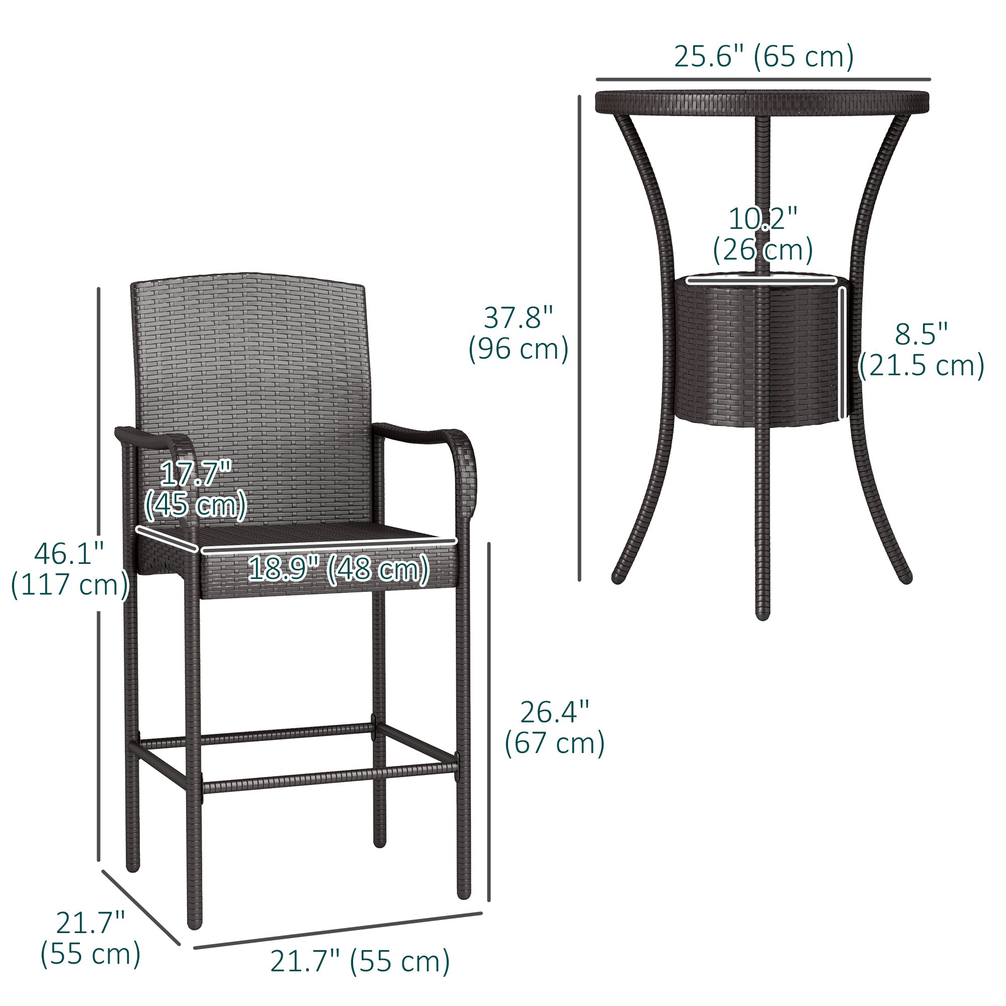 Outsunny 3 Pieces Patio Bar Set Rattan Bistro Table and High Chairs Garden Wicker Outdoor Conversation Furniture Set with Ice Bucket, Dark Brown
