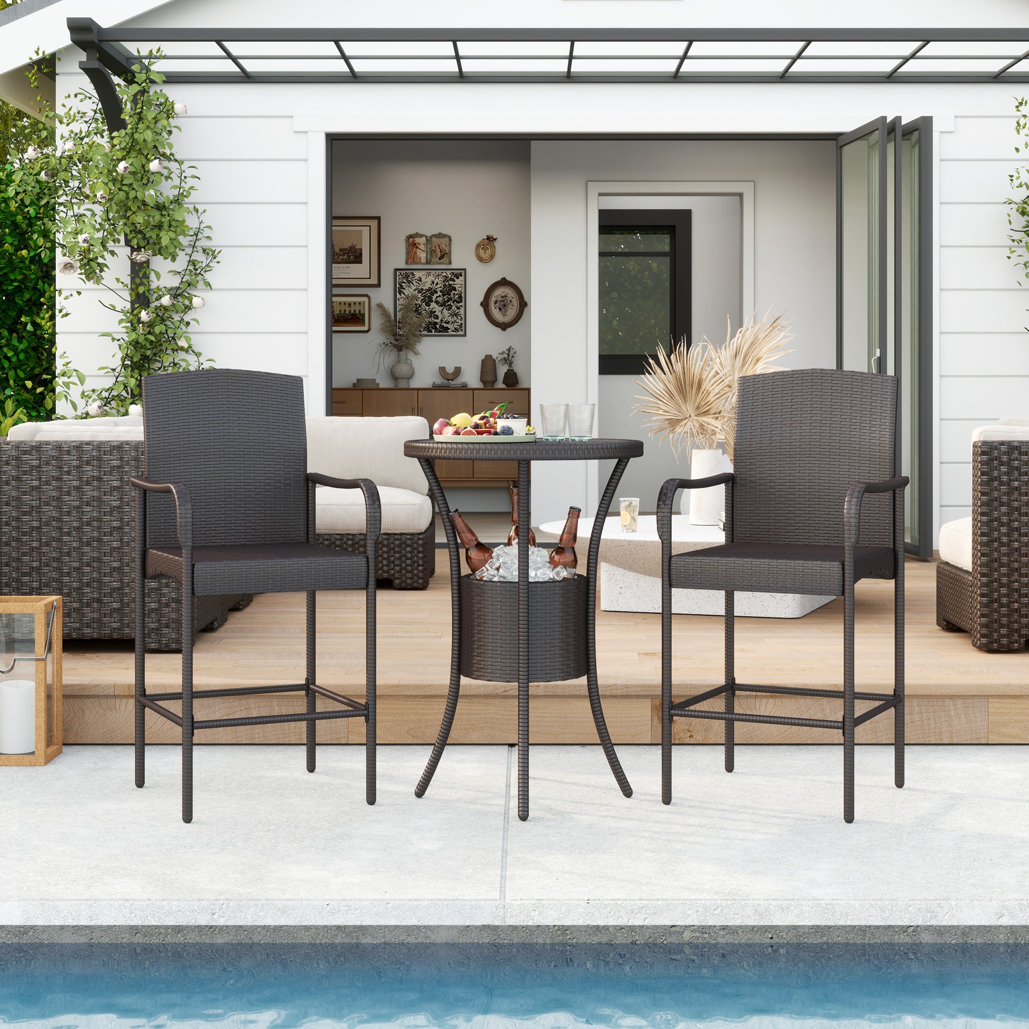 Outsunny 3 Pieces Patio Bar Set Rattan Bistro Table and High Chairs Garden Wicker Outdoor Conversation Furniture Set with Ice Bucket, Dark Brown