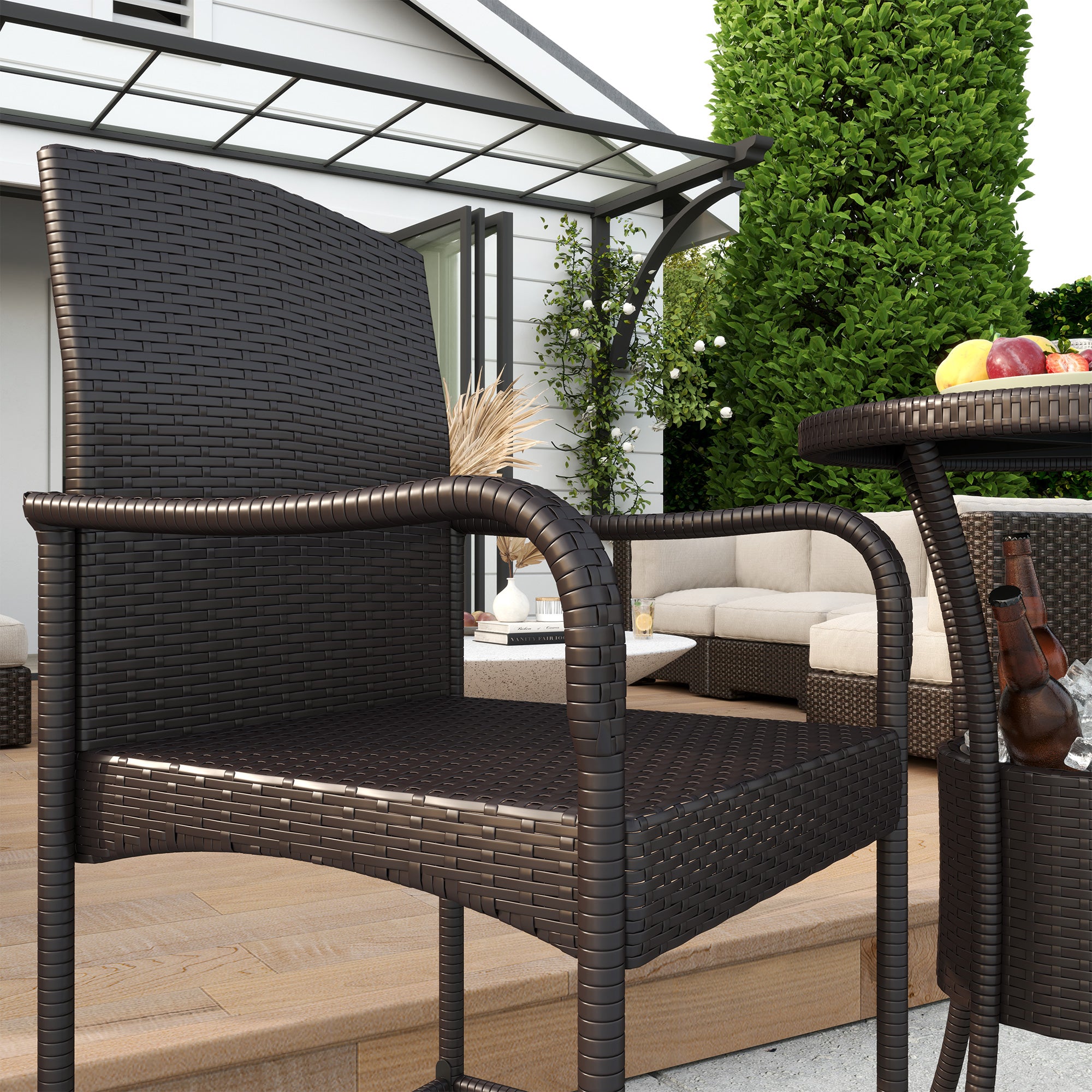 Outsunny 3 Pieces Patio Bar Set Rattan Bistro Table and High Chairs Garden Wicker Outdoor Conversation Furniture Set with Ice Bucket, Dark Brown