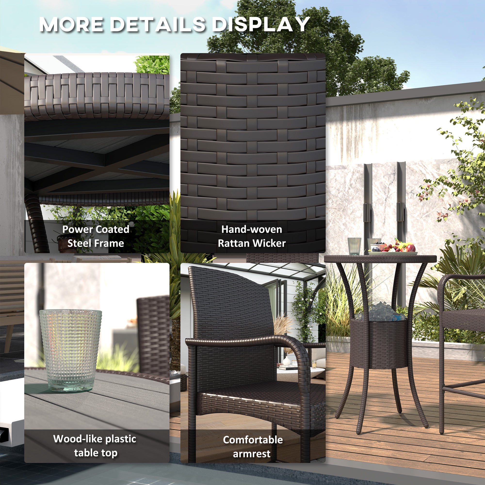 Outsunny 3 Pieces Patio Bar Set Rattan Bistro Table and High Chairs Garden Wicker Outdoor Conversation Furniture Set with Ice Bucket, Dark Brown