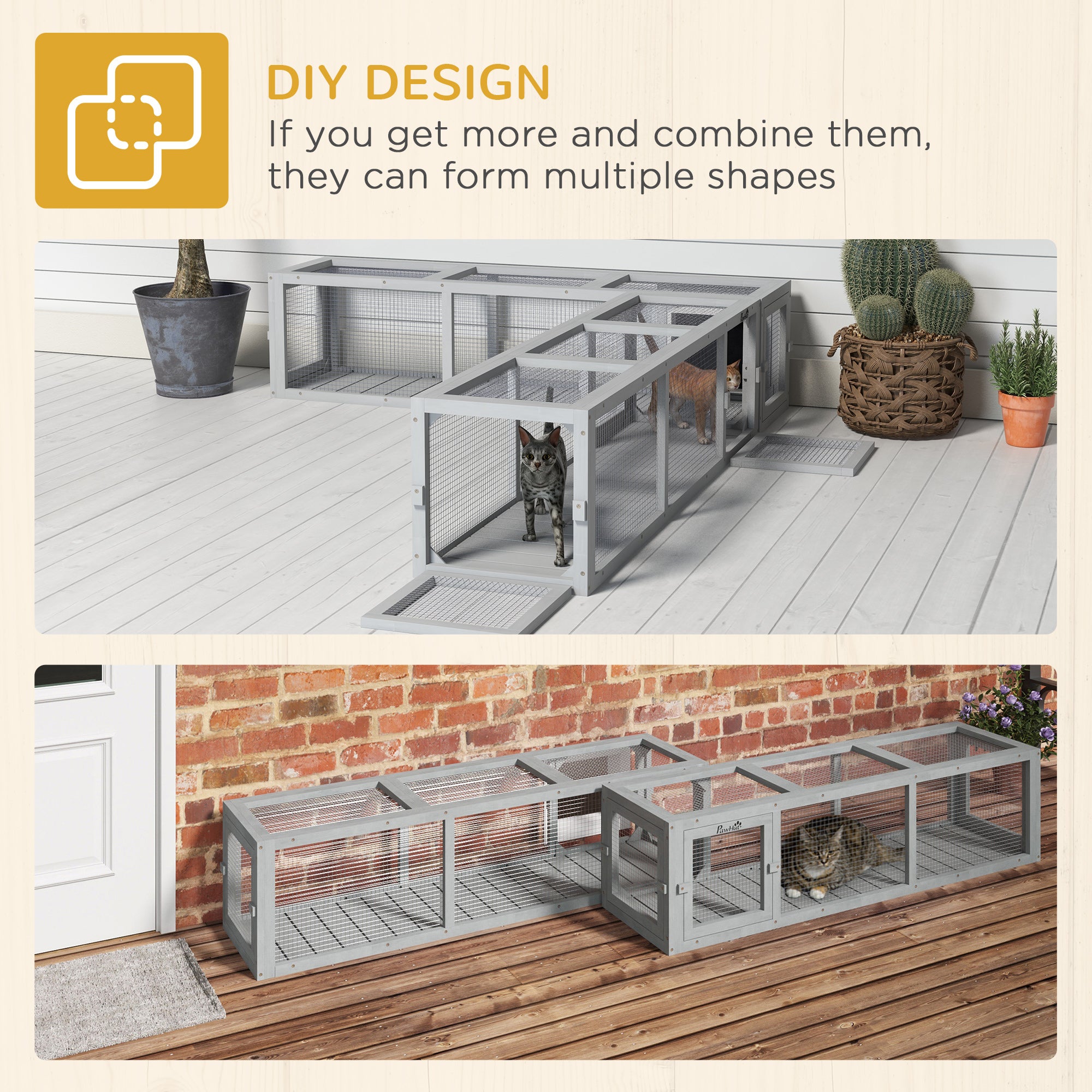 PawHut Outdoor Cat Tunnel with Extendable Design, 59" L Wooden Cat Run with Weather Protection, Connecting Inside and Outside, for Deck Patios, Balconies, Light Gray