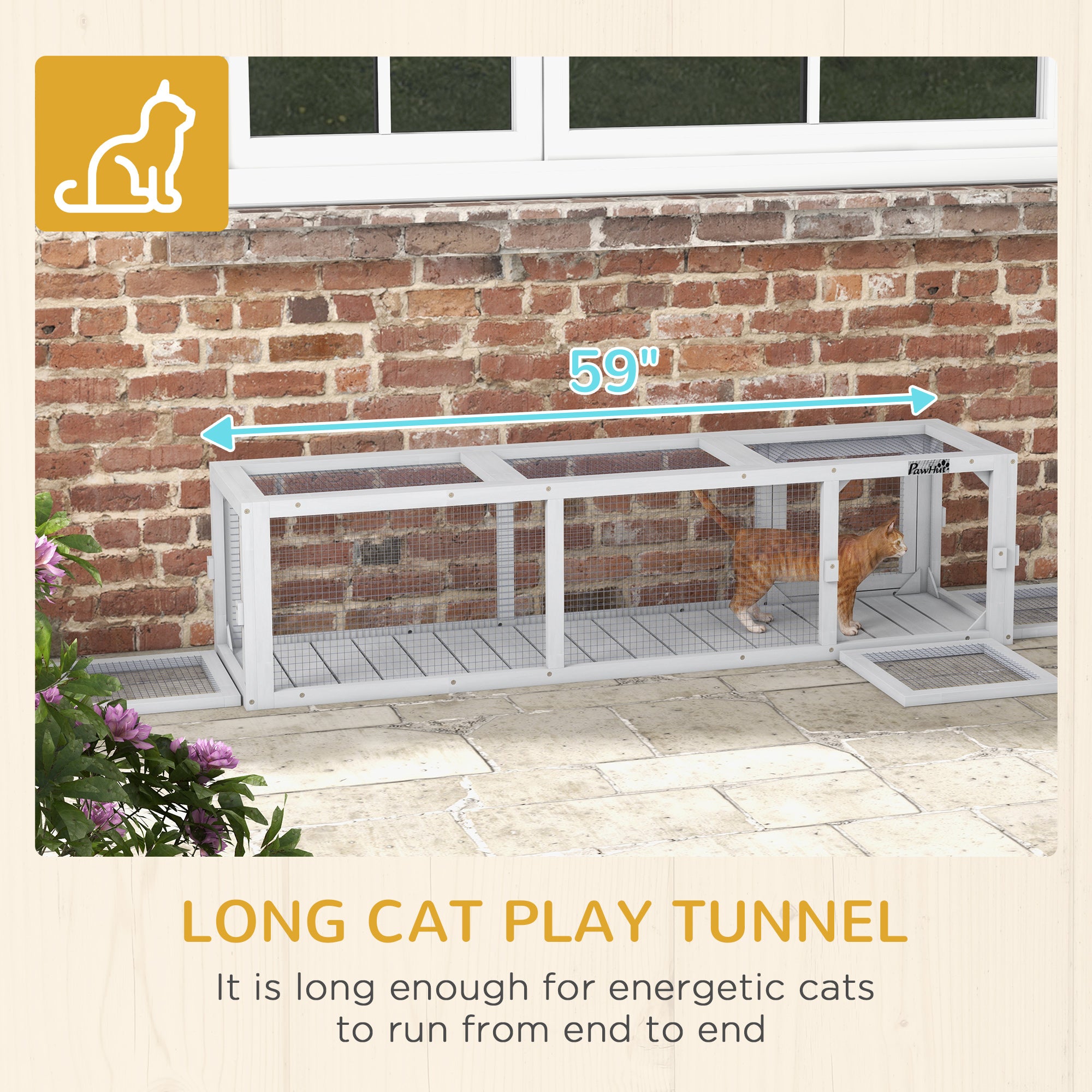 PawHut Outdoor Cat Tunnel with Extendable Design, 59" L Wooden Cat Run with Weather Protection, Connecting Inside and Outside, for Deck Patios, Balconies, Light Gray