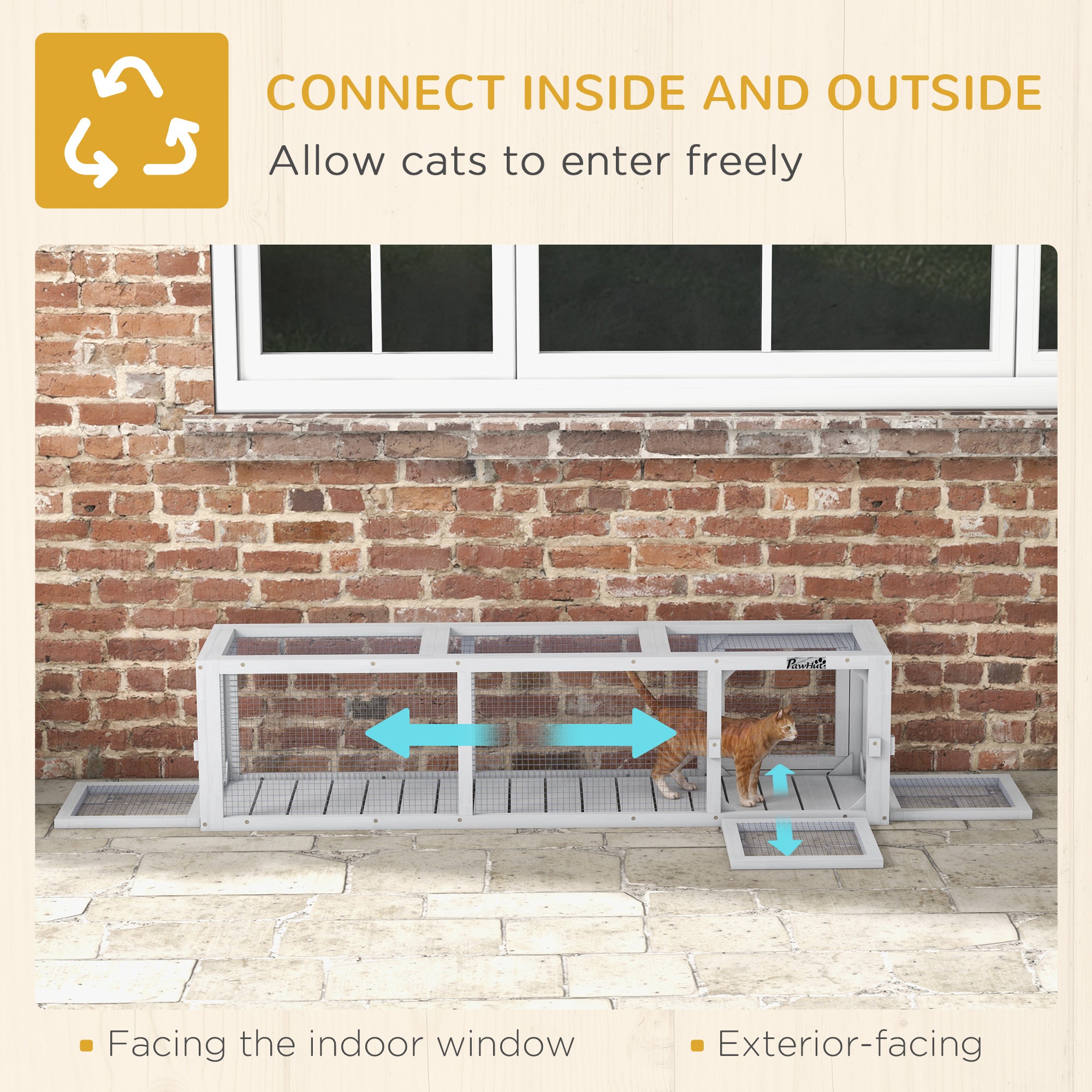 PawHut Outdoor Cat Tunnel with Extendable Design, 59" L Wooden Cat Run with Weather Protection, Connecting Inside and Outside, for Deck Patios, Balconies, Light Gray