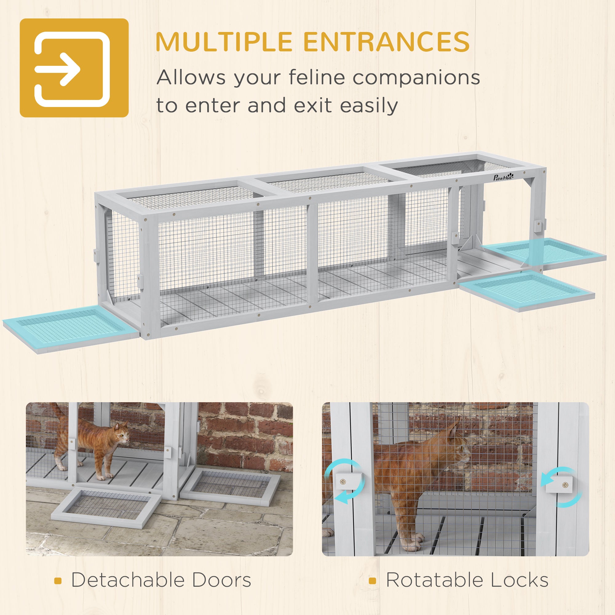 PawHut Outdoor Cat Tunnel with Extendable Design, 59" L Wooden Cat Run with Weather Protection, Connecting Inside and Outside, for Deck Patios, Balconies, Light Gray