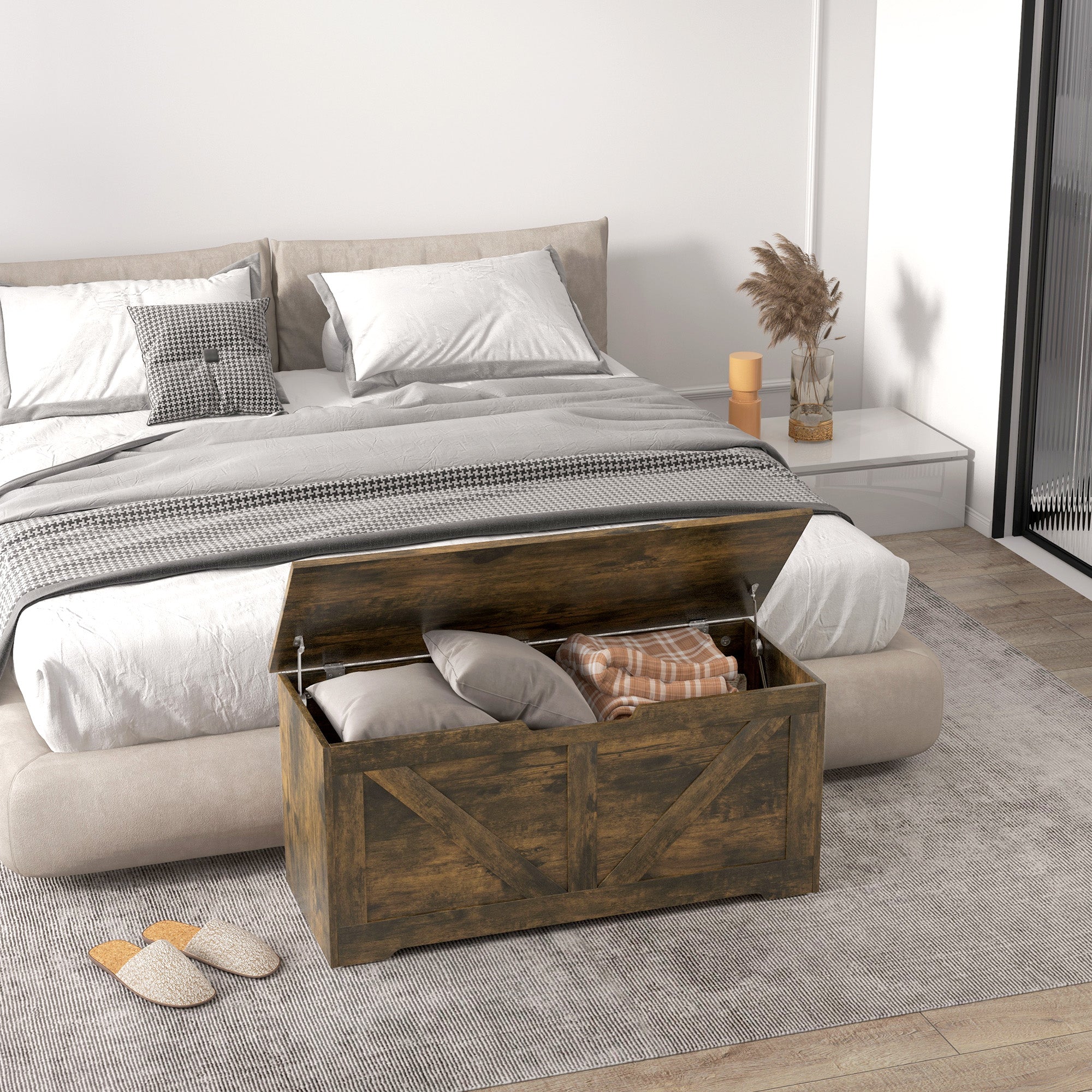 HOMCOM Storage Chest, Storage Trunk with 2 Safety Hinges and U-shaped Cut-out Pull, Wooden Box for Living Room, Entryway, 39.4