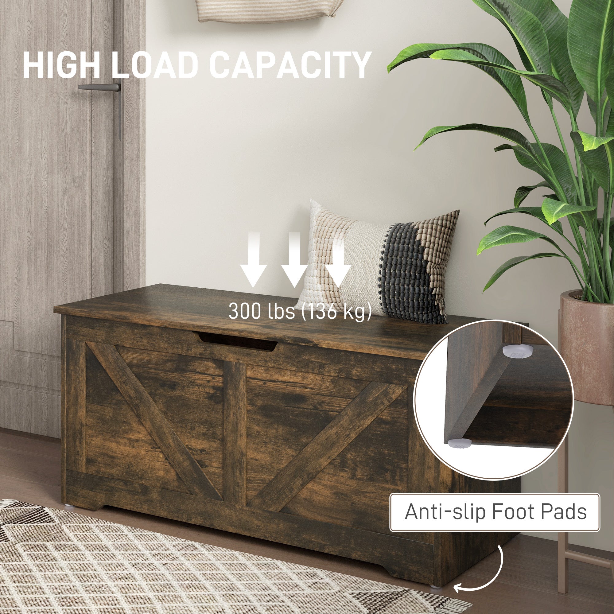 HOMCOM Storage Chest, Storage Trunk with 2 Safety Hinges and U-shaped Cut-out Pull, Wooden Box for Living Room, Entryway, 39.4
