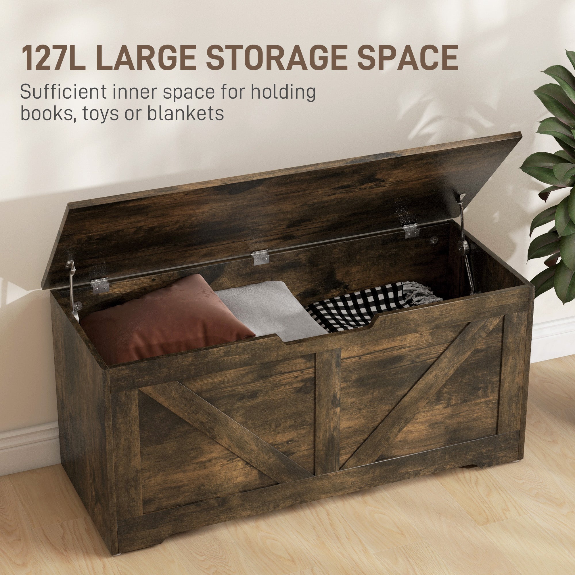 HOMCOM Storage Chest, Storage Trunk with 2 Safety Hinges and U-shaped Cut-out Pull, Wooden Box for Living Room, Entryway, 39.4