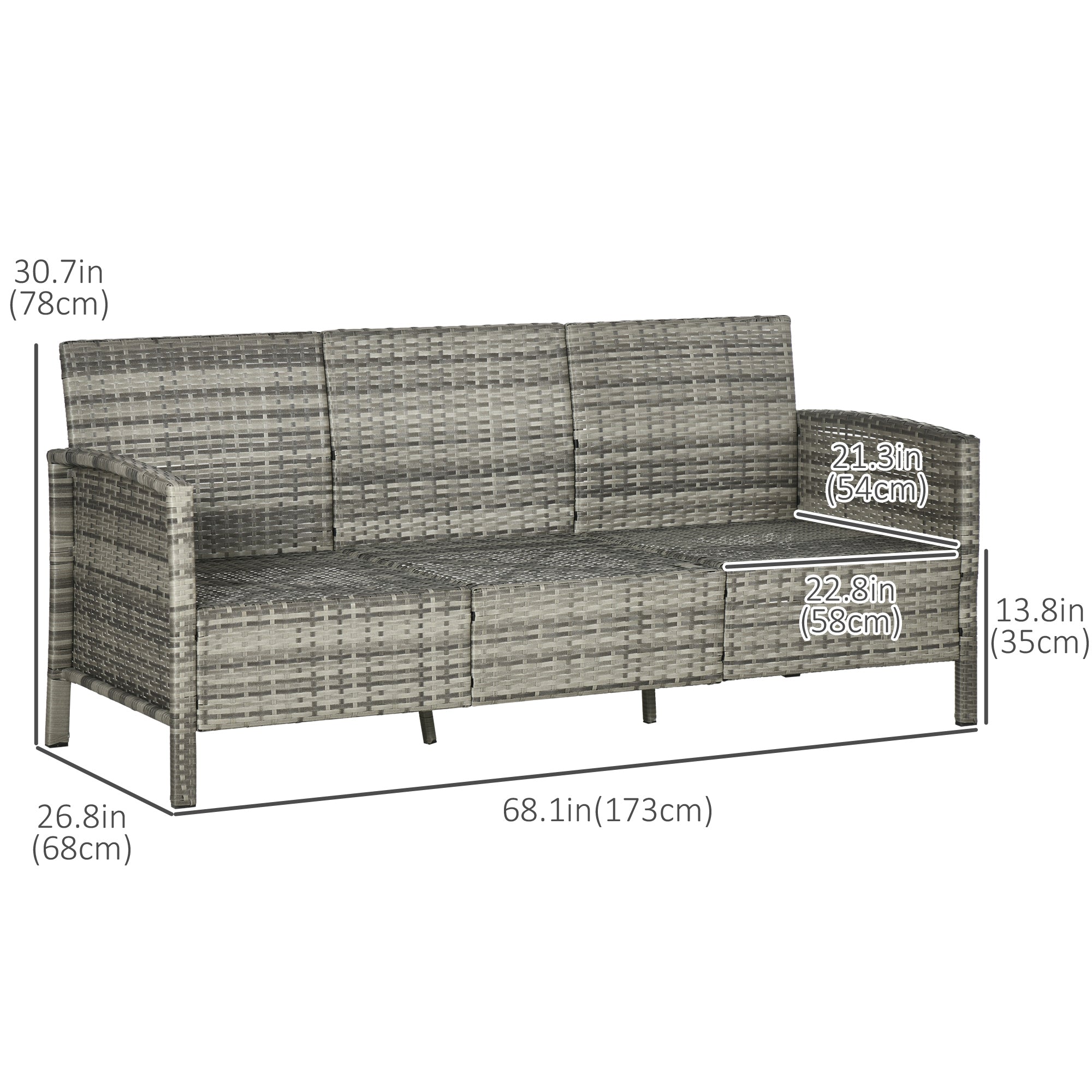 Outsunny 3-Seater Wicker Outdoor Sofa with Cushions and Pillows, PE Rattan Outdoor Couch, Steel Frame Patio Couch Conversation Furniture for Garden Backyard Balcony, Grey