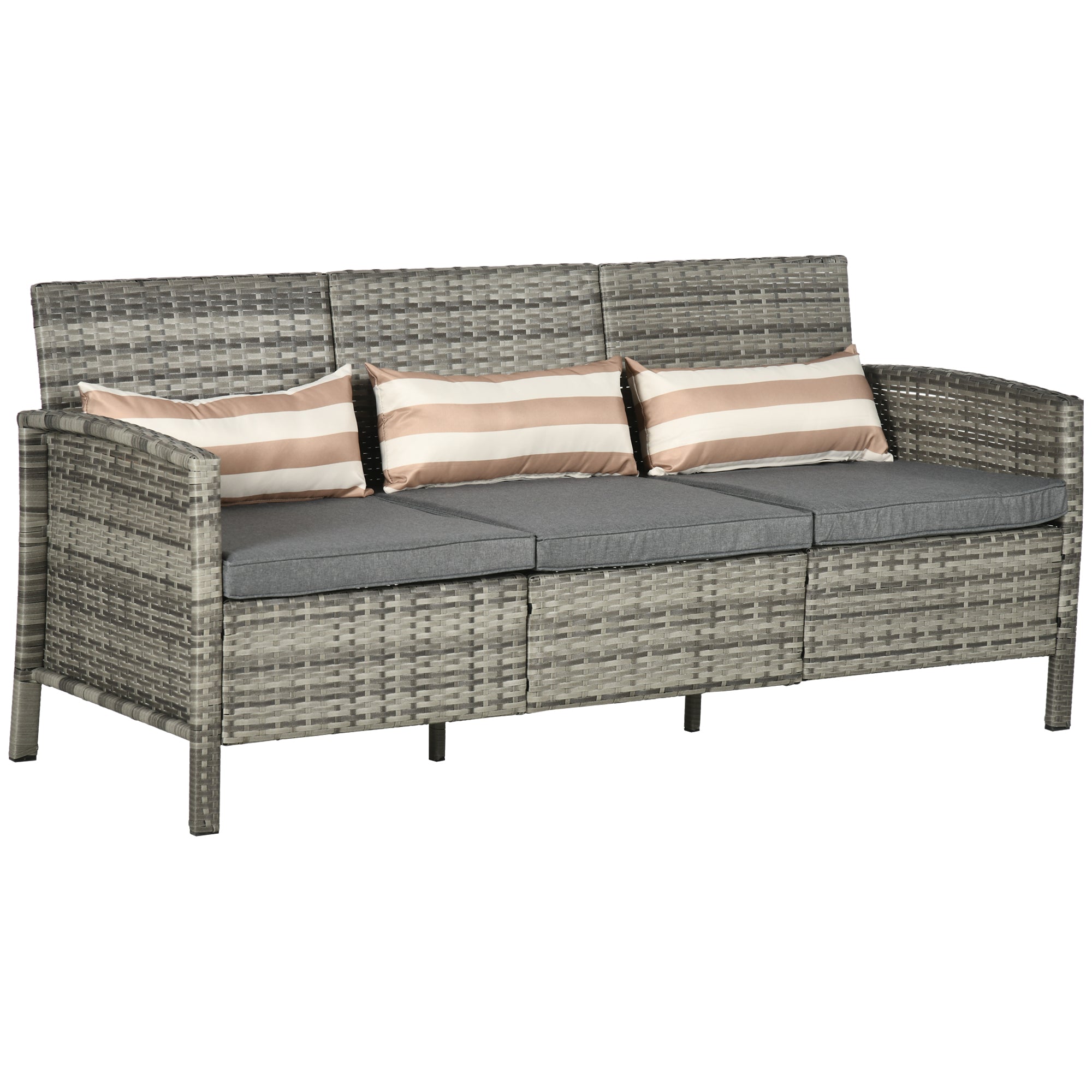 Outsunny 3-Seater Wicker Outdoor Sofa with Cushions and Pillows, PE Rattan Outdoor Couch, Steel Frame Patio Couch Conversation Furniture for Garden Backyard Balcony, Grey