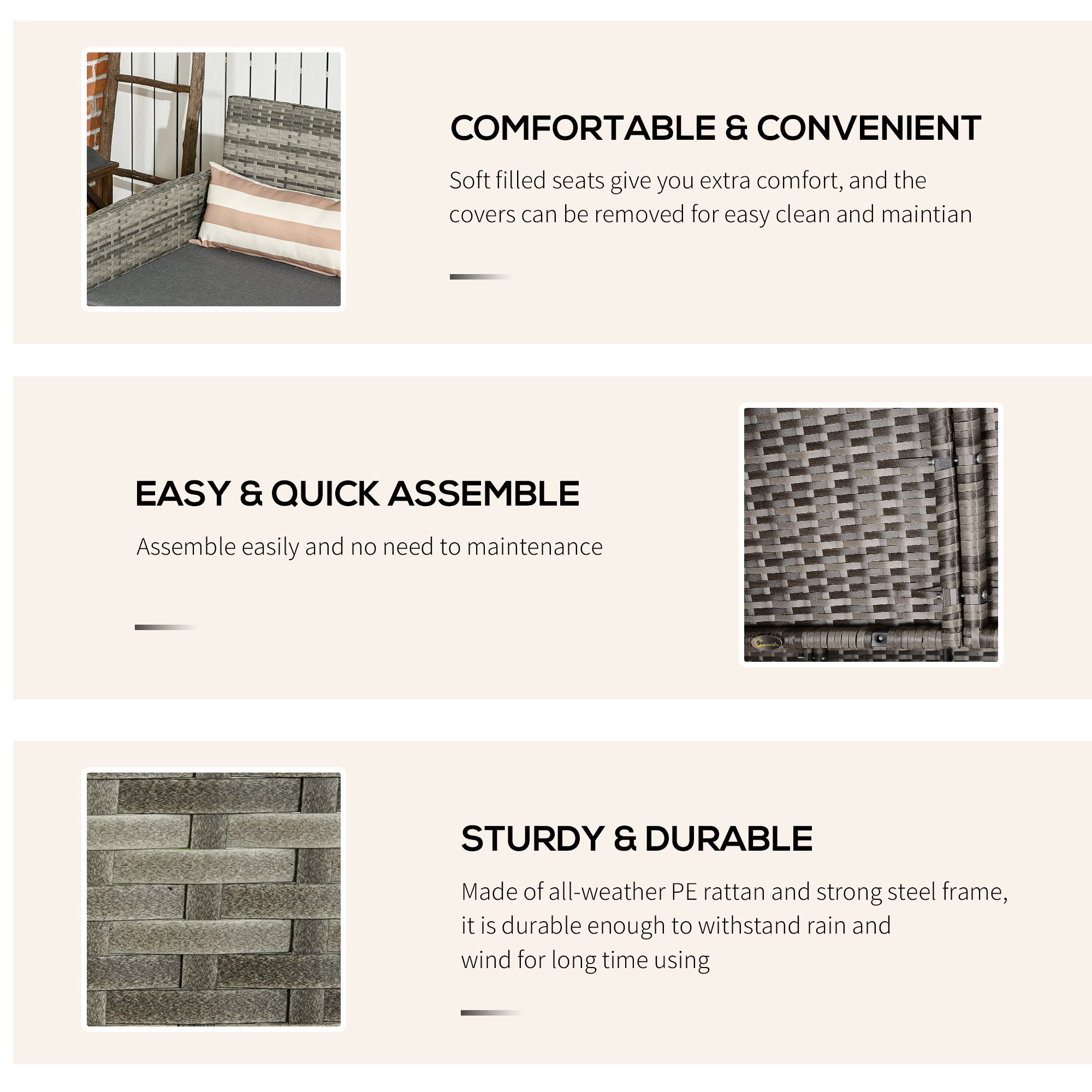 Outsunny 3-Seater Wicker Outdoor Sofa with Cushions and Pillows, PE Rattan Outdoor Couch, Steel Frame Patio Couch Conversation Furniture for Garden Backyard Balcony, Grey