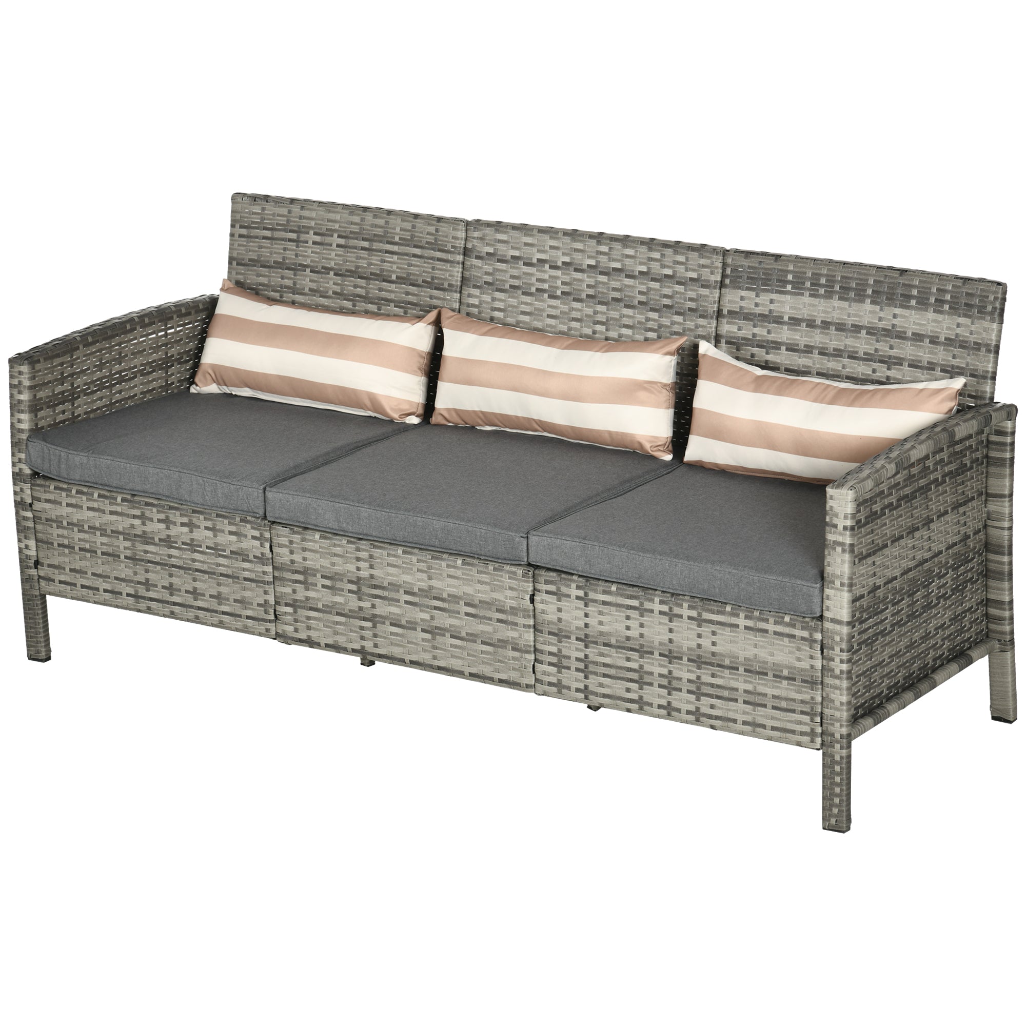 Outsunny 3-Seater Wicker Outdoor Sofa with Cushions and Pillows, PE Rattan Outdoor Couch, Steel Frame Patio Couch Conversation Furniture for Garden Backyard Balcony, Grey