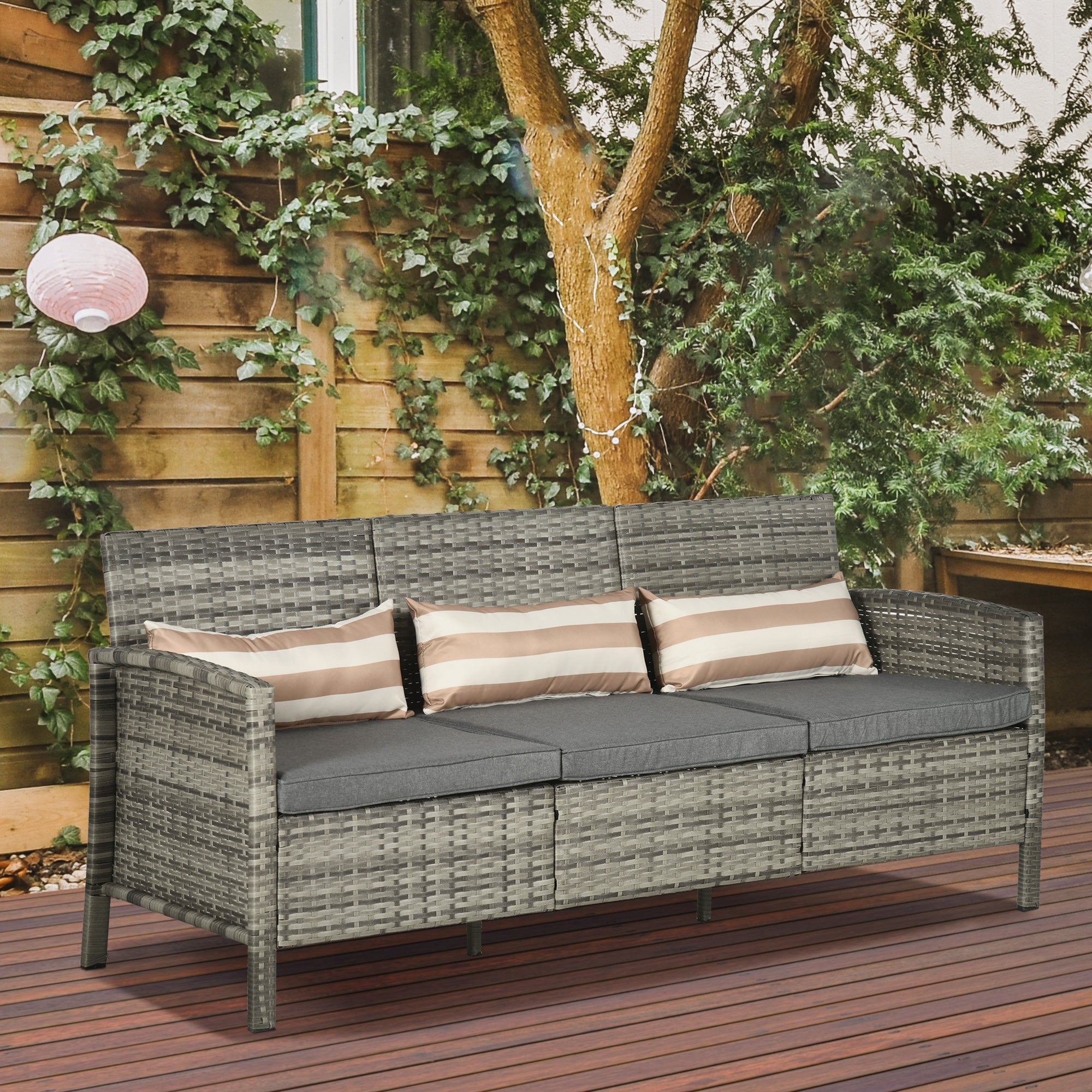 Outsunny 3-Seater Wicker Outdoor Sofa with Cushions and Pillows, PE Rattan Outdoor Couch, Steel Frame Patio Couch Conversation Furniture for Garden Backyard Balcony, Grey