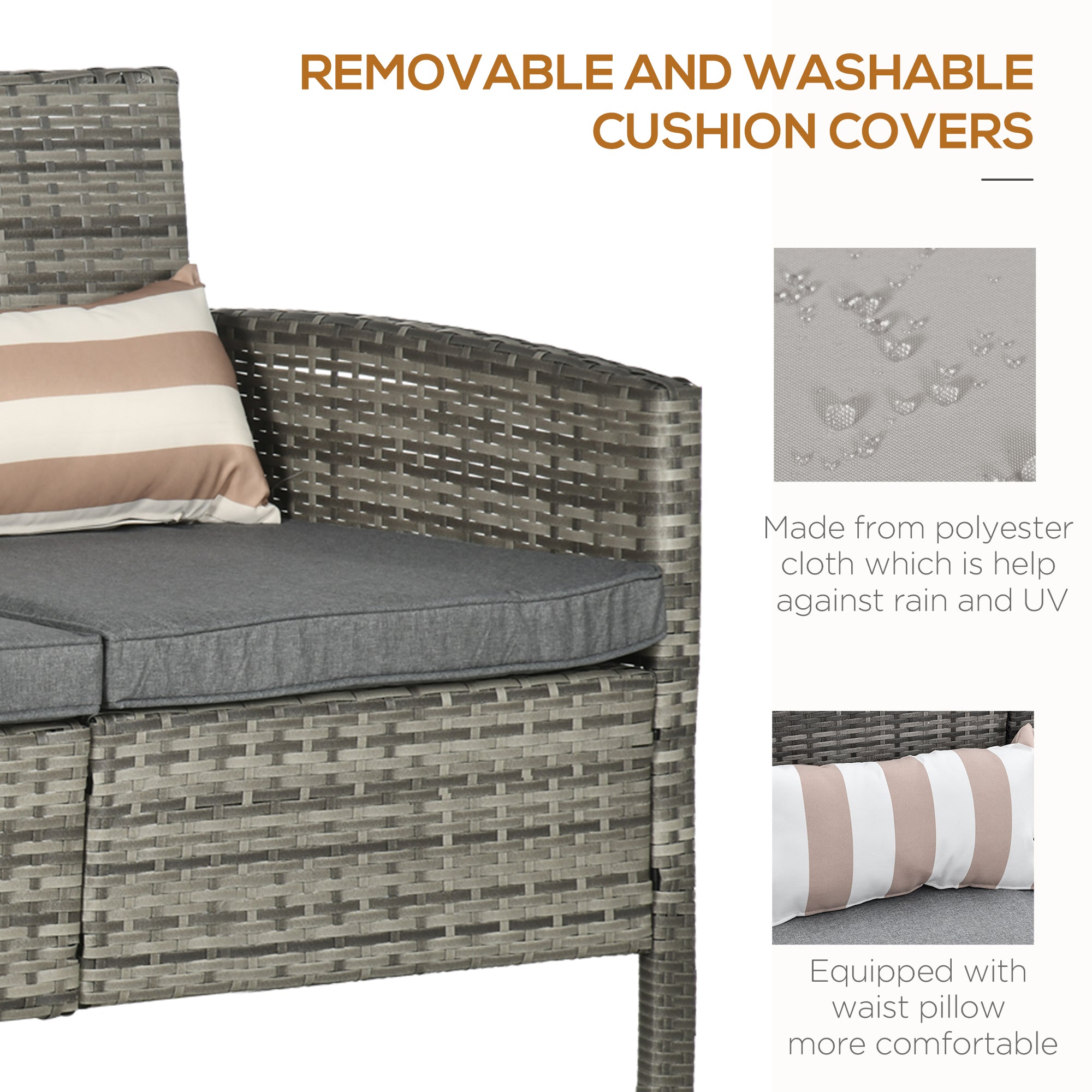 Outsunny 3-Seater Wicker Outdoor Sofa with Cushions and Pillows, PE Rattan Outdoor Couch, Steel Frame Patio Couch Conversation Furniture for Garden Backyard Balcony, Grey