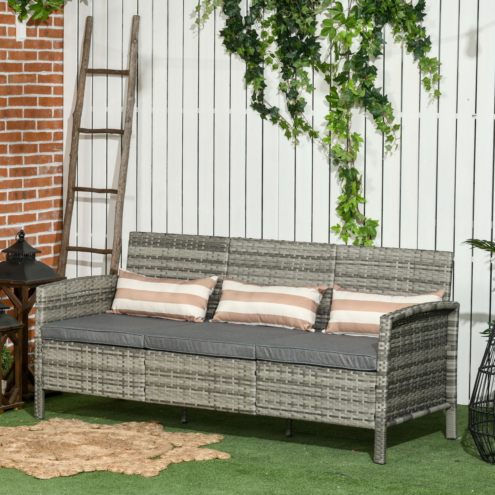 Outsunny 3-Seater Wicker Outdoor Sofa with Cushions and Pillows, PE Rattan Outdoor Couch, Steel Frame Patio Couch Conversation Furniture for Garden Backyard Balcony, Grey