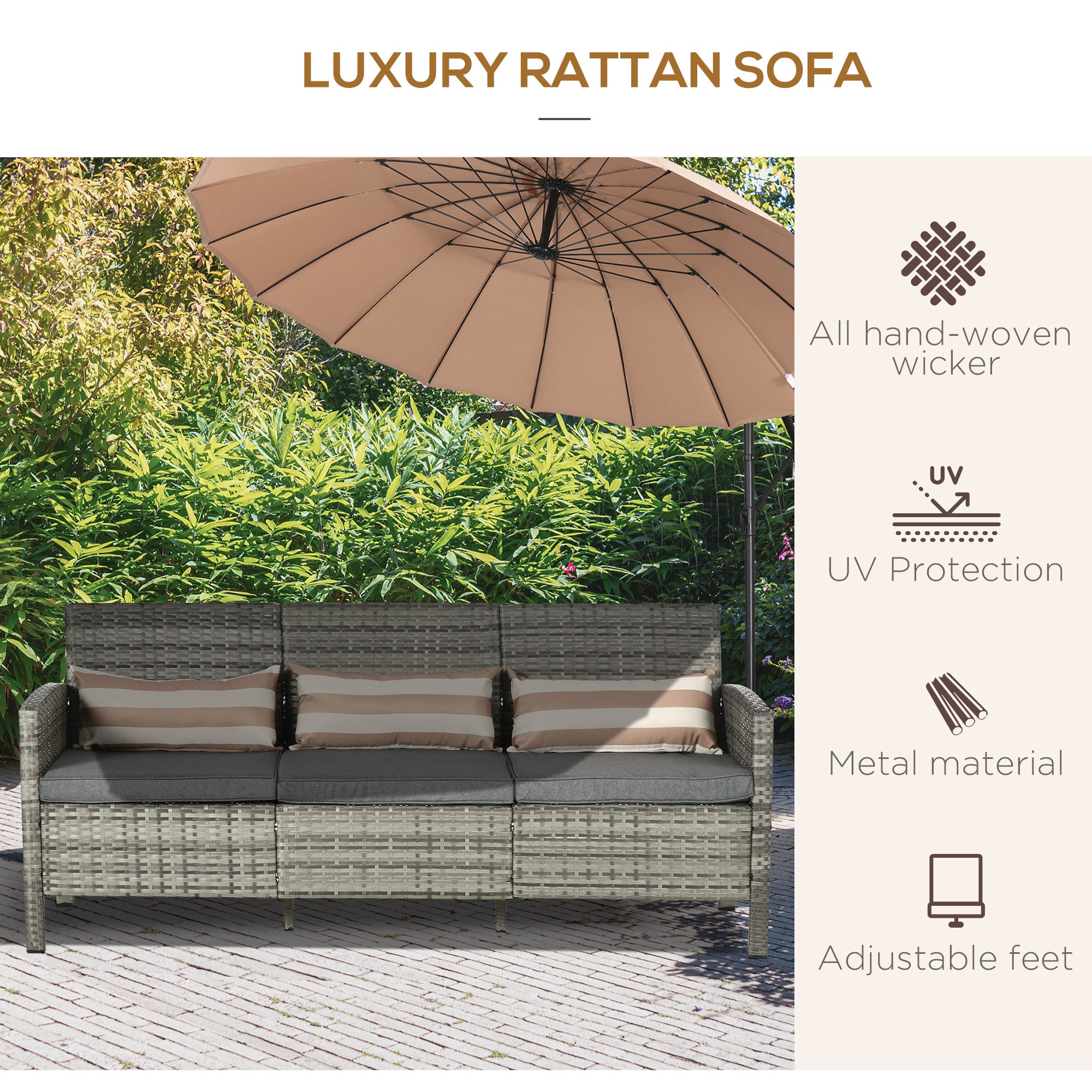 Outsunny 3-Seater Wicker Outdoor Sofa with Cushions and Pillows, PE Rattan Outdoor Couch, Steel Frame Patio Couch Conversation Furniture for Garden Backyard Balcony, Grey