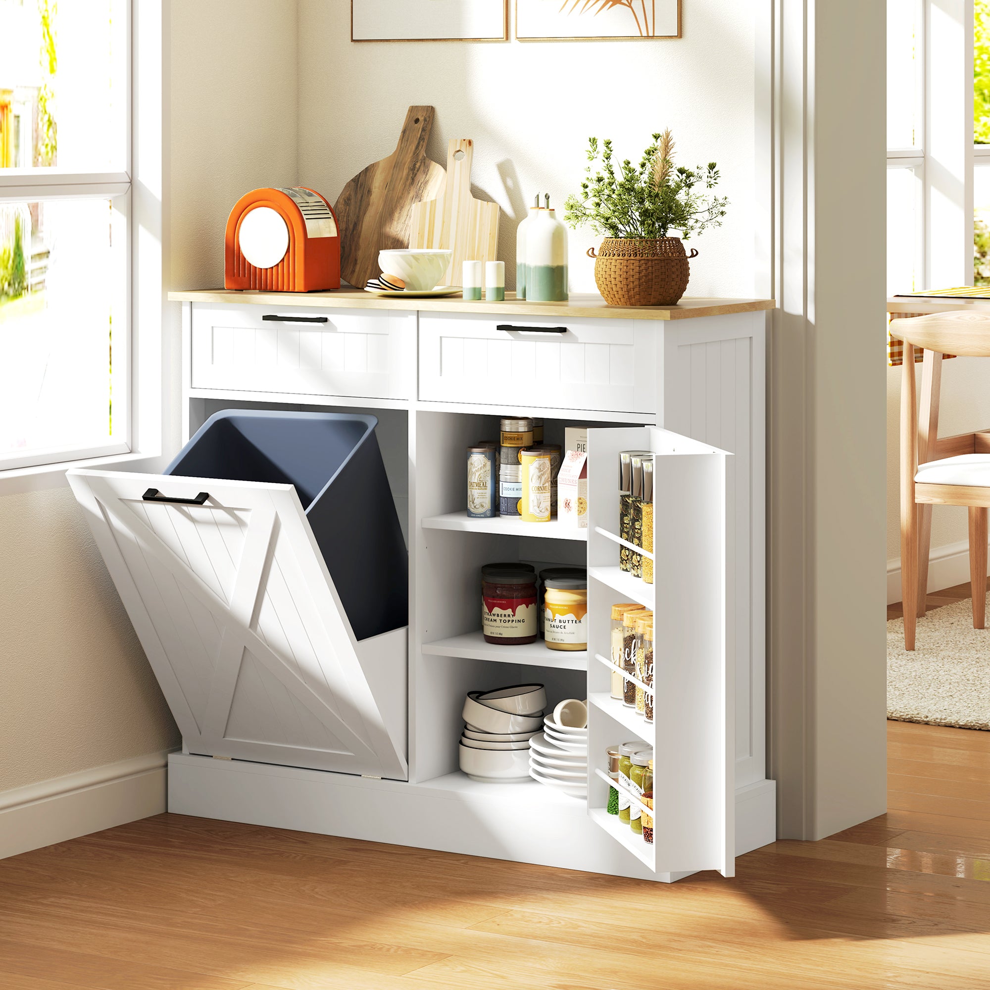 HOMCOM Tilt Out Trash Cabinet, 10 Gallon Freestanding Kitchen Island with 2 Drawers, Hidden Garbage Bin Cabinet with Spice Rack for Laundry, Hallway, White
