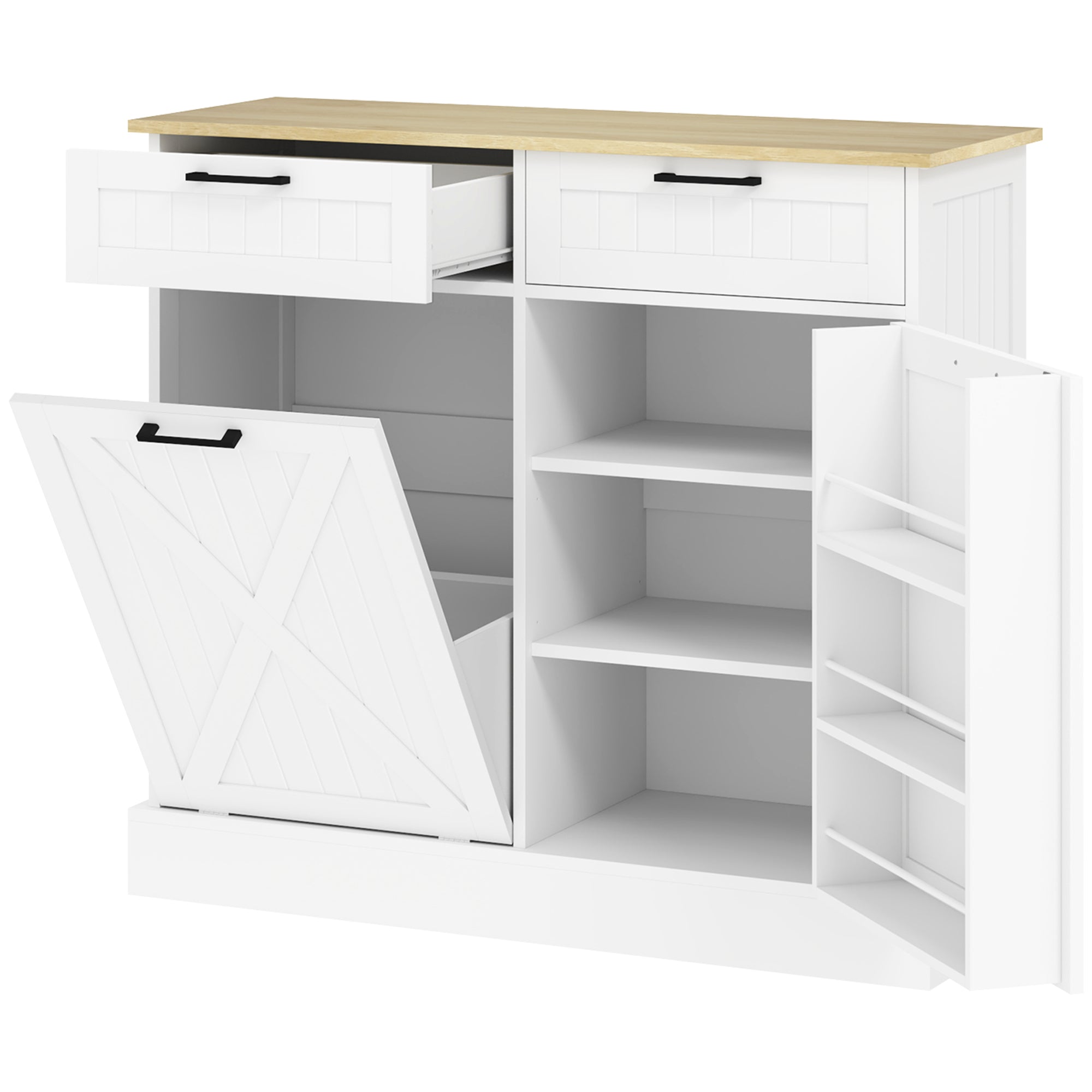 HOMCOM Tilt Out Trash Cabinet, 10 Gallon Freestanding Kitchen Island with 2 Drawers, Hidden Garbage Bin Cabinet with Spice Rack for Laundry, Hallway, White
