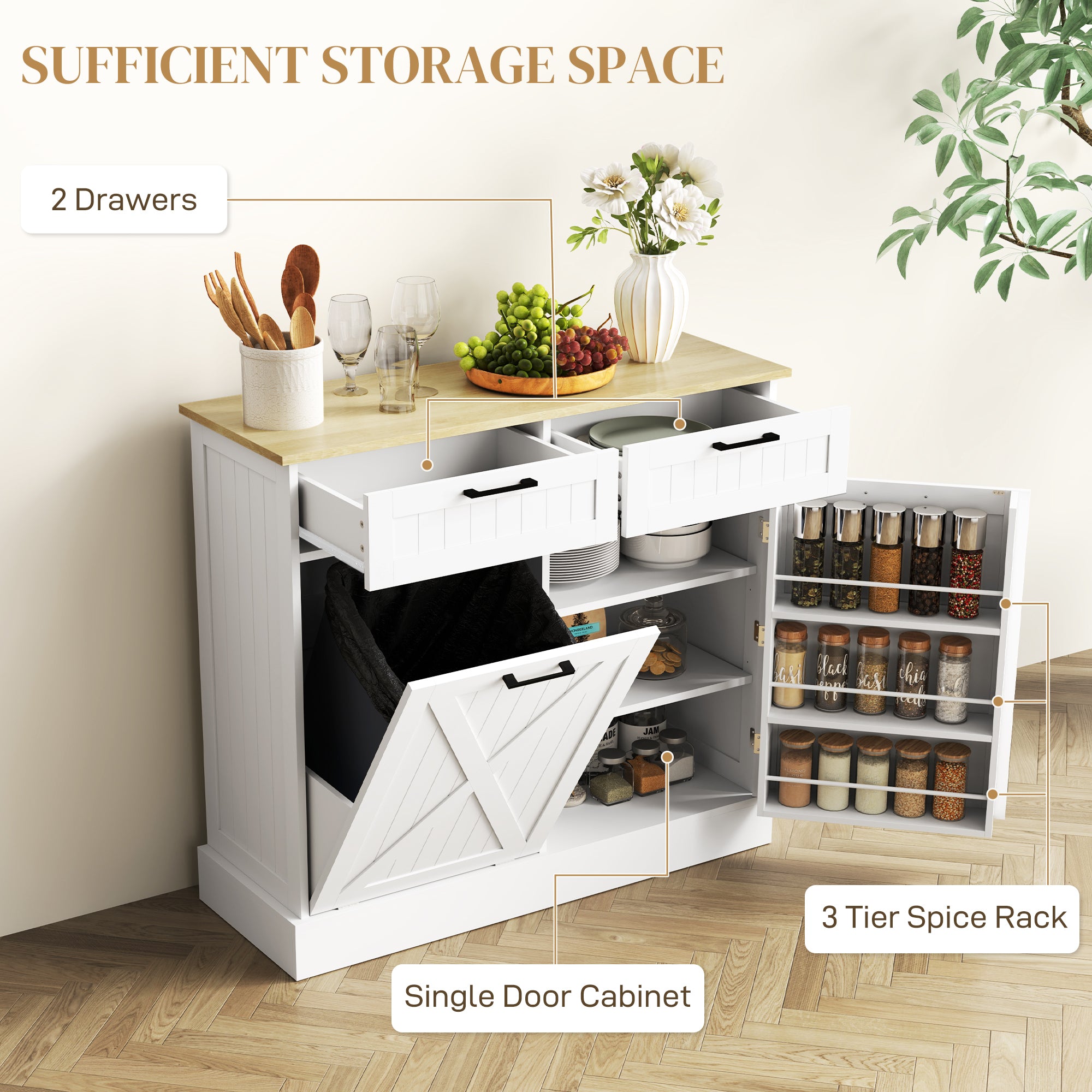 HOMCOM Tilt Out Trash Cabinet, 10 Gallon Freestanding Kitchen Island with 2 Drawers, Hidden Garbage Bin Cabinet with Spice Rack for Laundry, Hallway, White
