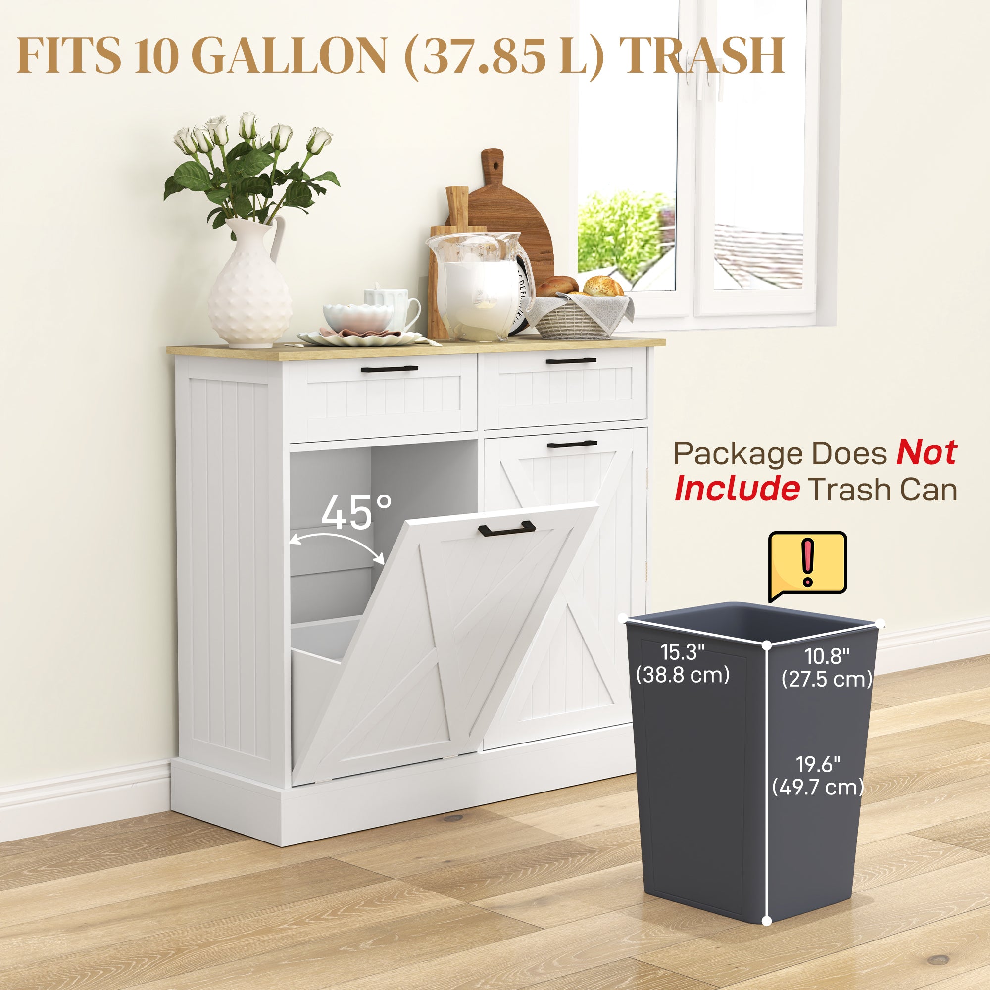 HOMCOM Tilt Out Trash Cabinet, 10 Gallon Freestanding Kitchen Island with 2 Drawers, Hidden Garbage Bin Cabinet with Spice Rack for Laundry, Hallway, White