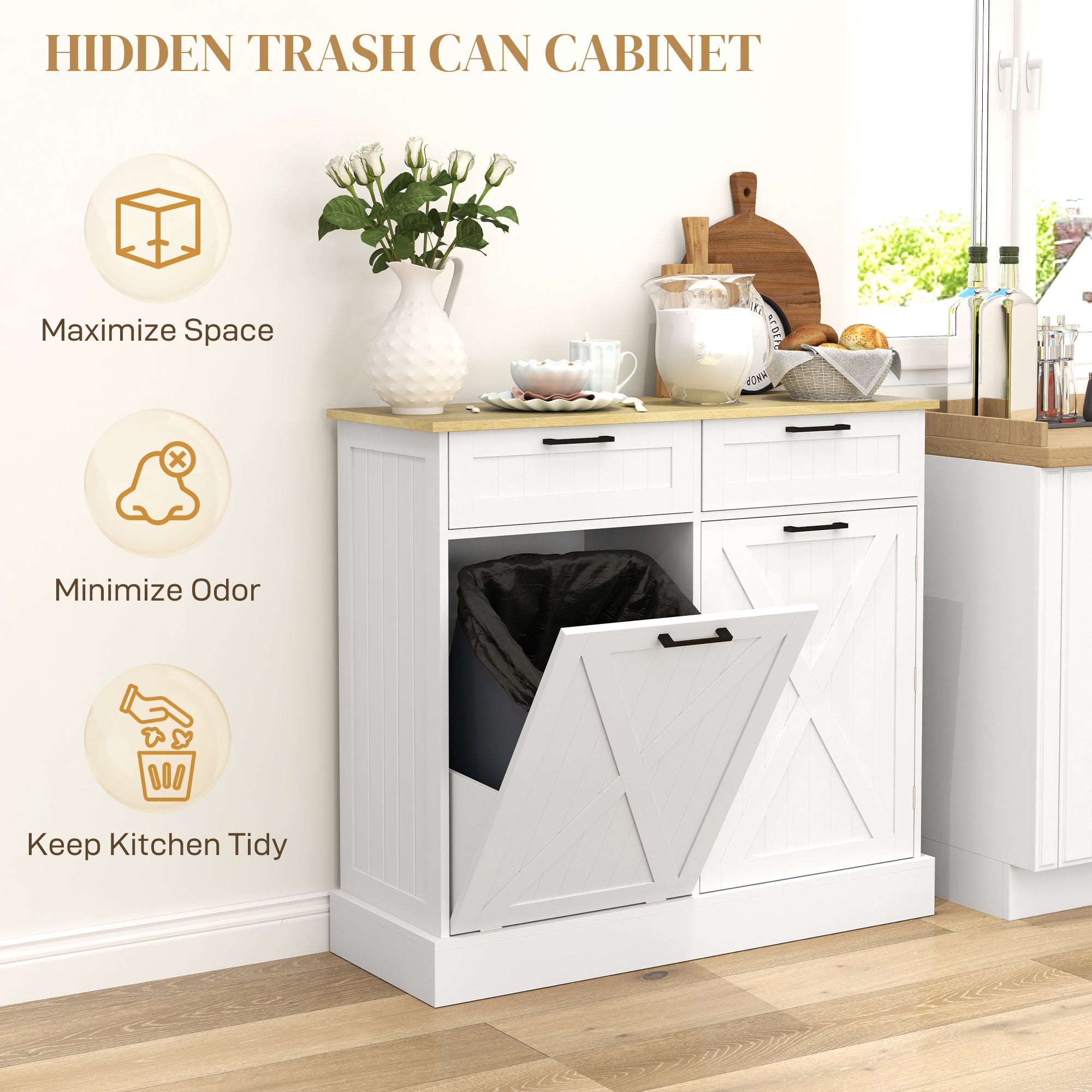 HOMCOM Tilt Out Trash Cabinet, 10 Gallon Freestanding Kitchen Island with 2 Drawers, Hidden Garbage Bin Cabinet with Spice Rack for Laundry, Hallway, White