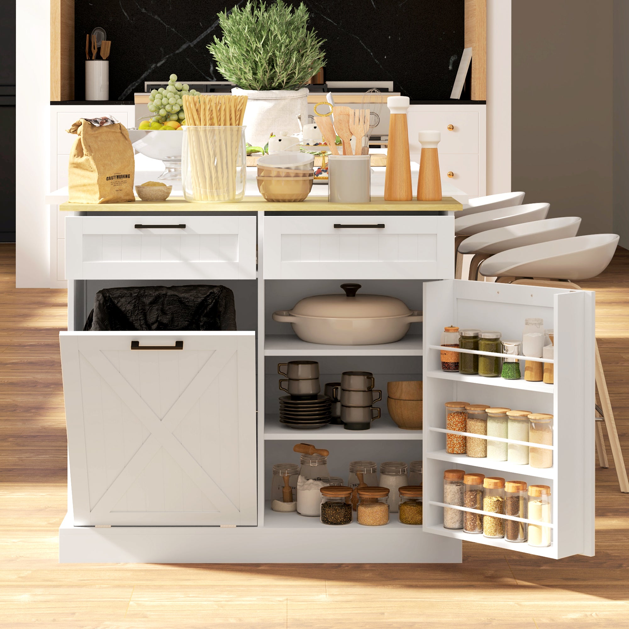 HOMCOM Tilt Out Trash Cabinet, 10 Gallon Freestanding Kitchen Island with 2 Drawers, Hidden Garbage Bin Cabinet with Spice Rack for Laundry, Hallway, White
